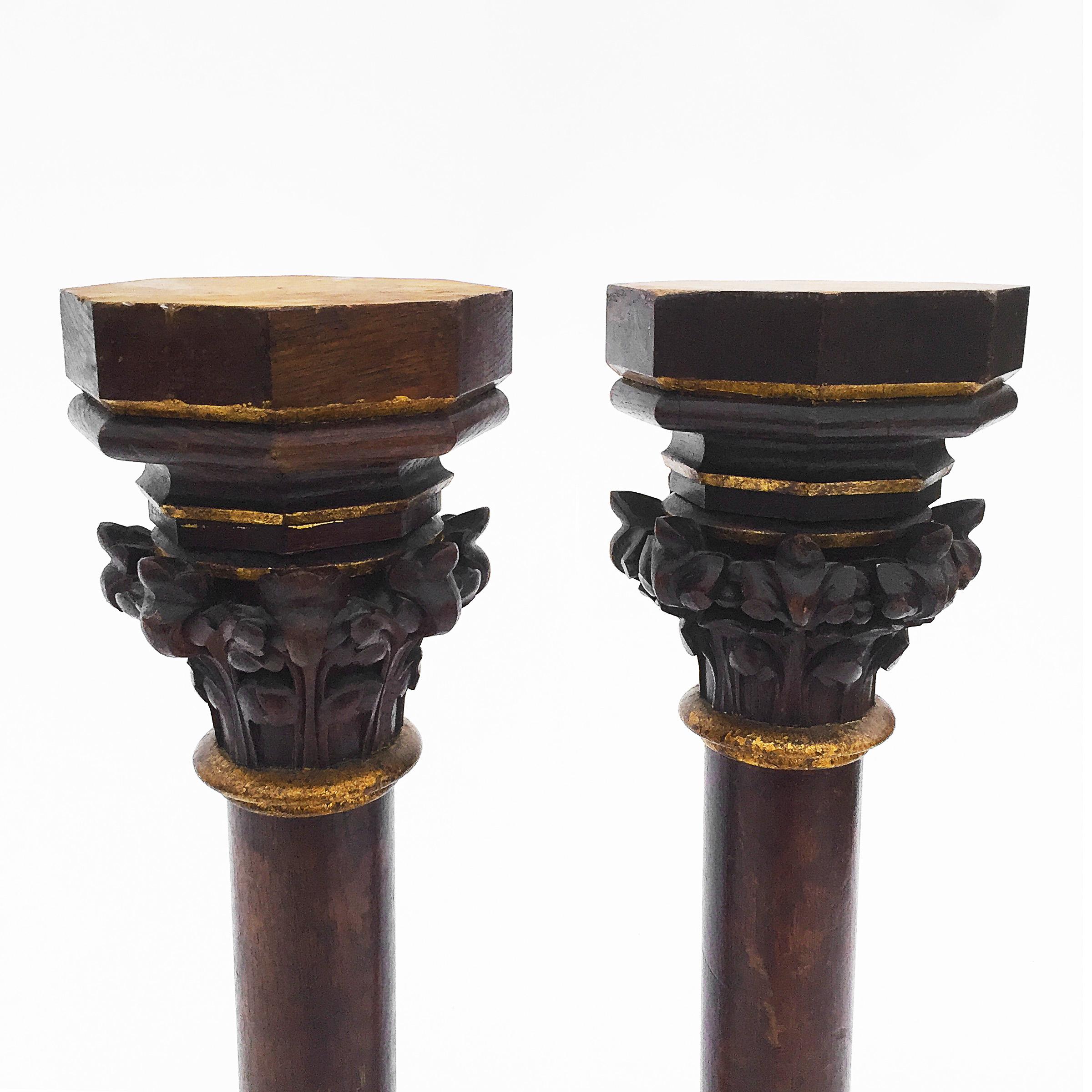 Gothic Revival Antique Pair of Handcrafted Oak Gothic Flemish Church Columns For Sale