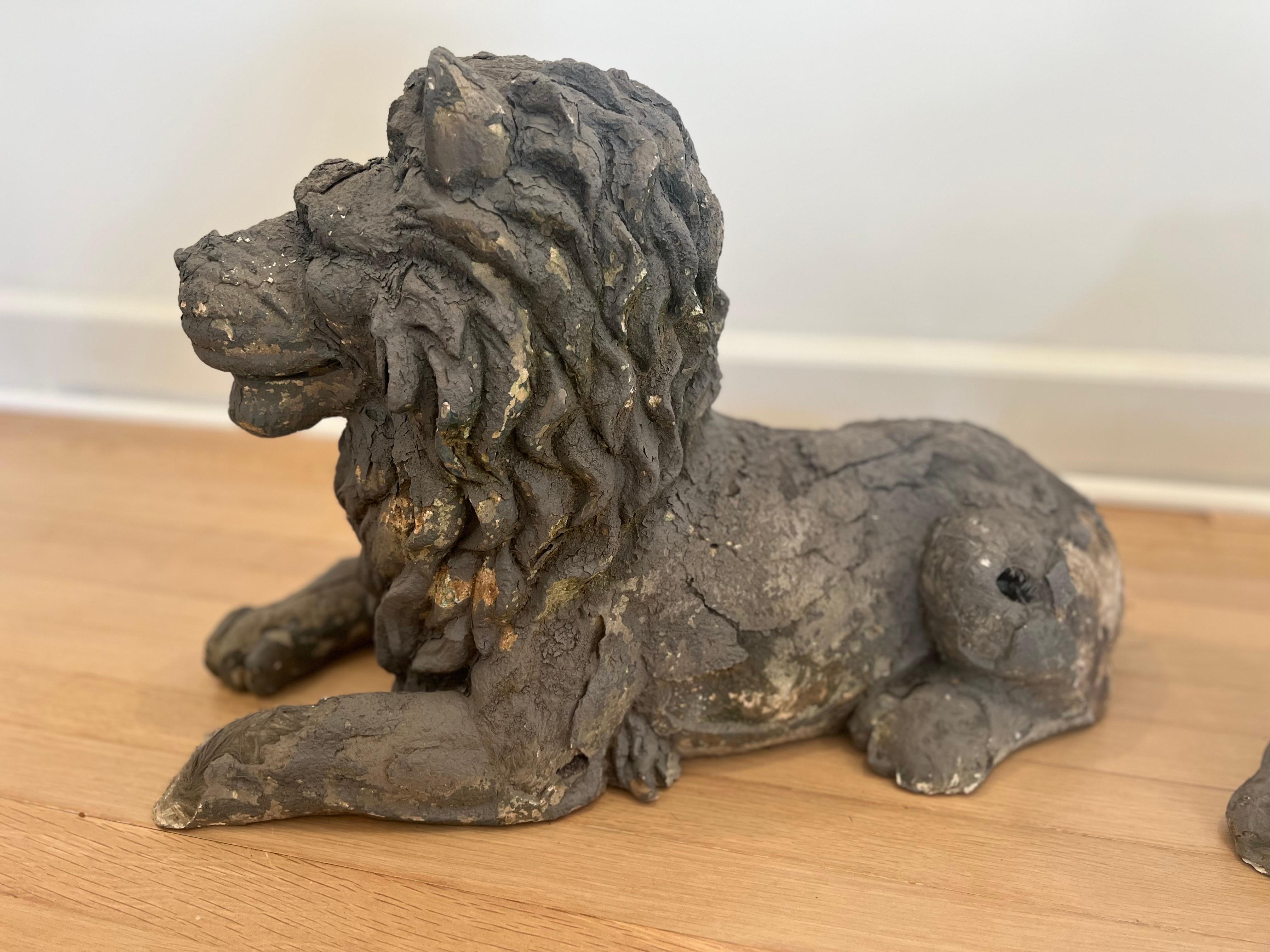 Antique Pair of Hand-Made French Reclining Lion Statues   For Sale 3