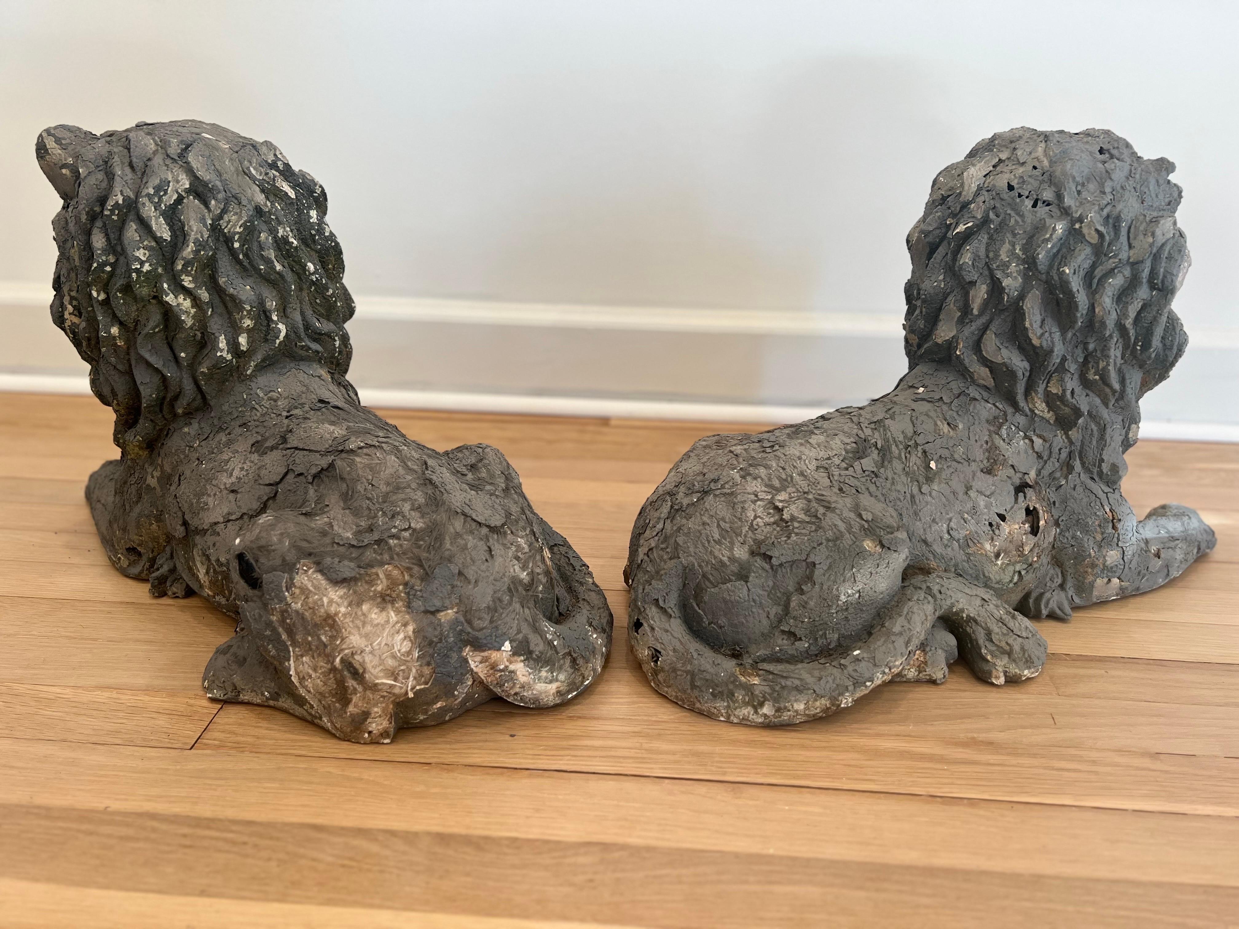 Antique Pair of Hand-Made French Reclining Lion Statues   For Sale 5