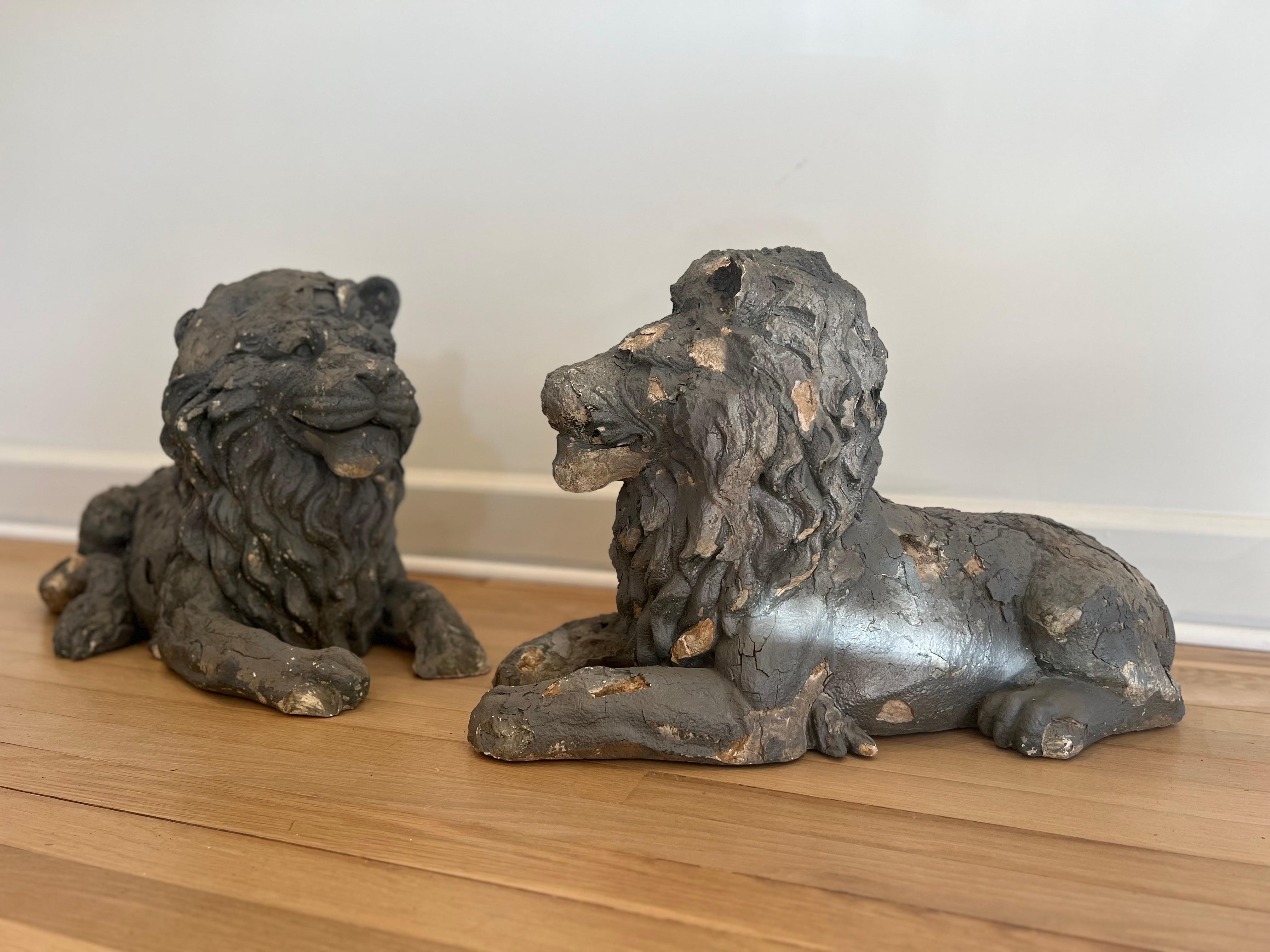 Hand-Crafted Antique Pair of Hand-Made French Reclining Lion Statues   For Sale