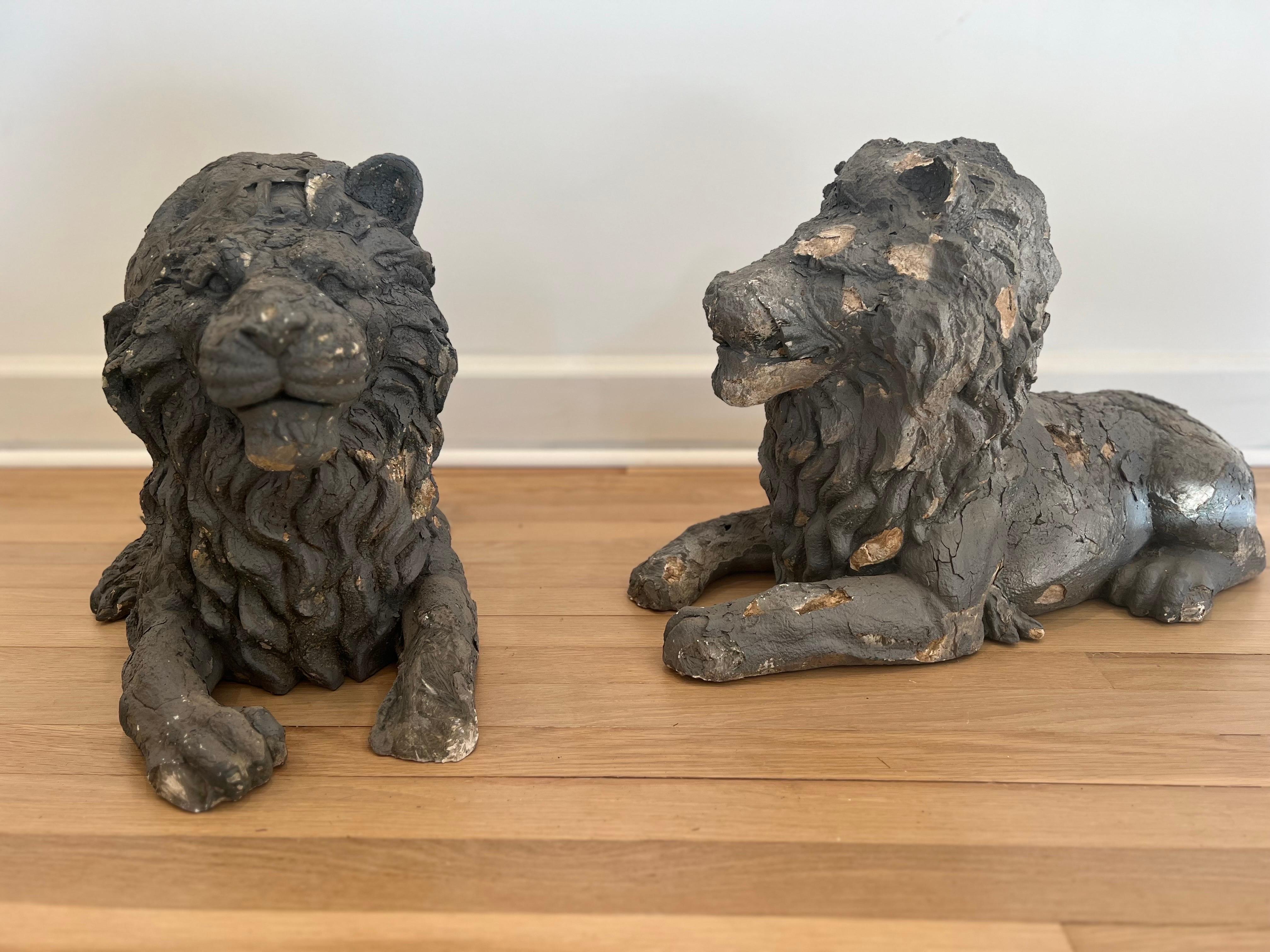 Antique Pair of Hand-Made French Reclining Lion Statues   In Distressed Condition For Sale In Los Angeles, CA