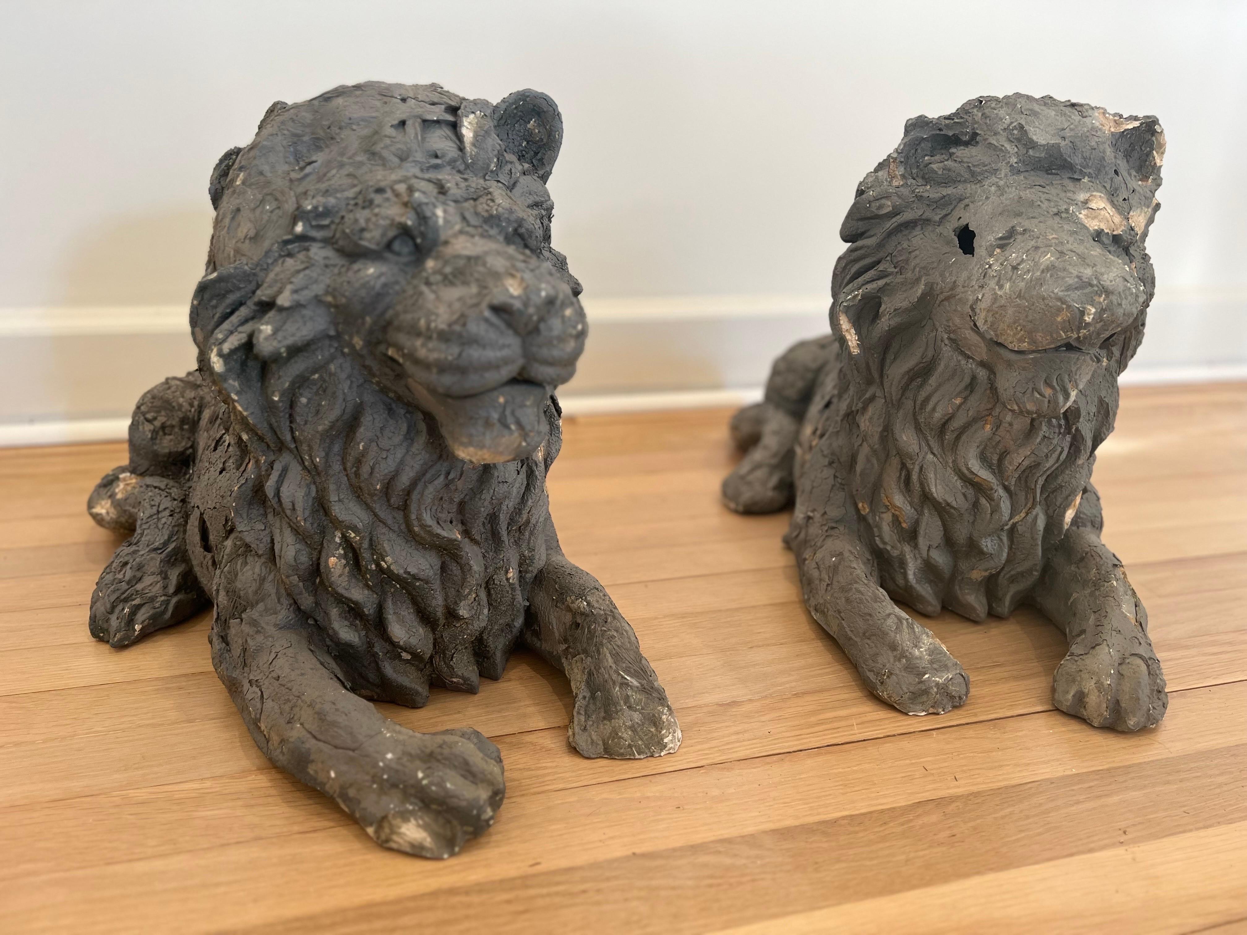 Clay Antique Pair of Hand-Made French Reclining Lion Statues   For Sale