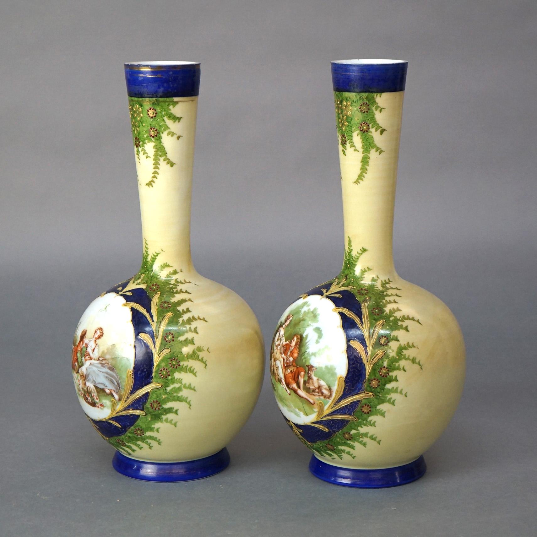 Antique Pair of Hand Painted Opaline Glass Vases with Courting Scenes C1890

Measures- 15''H x 7''W x 7''D