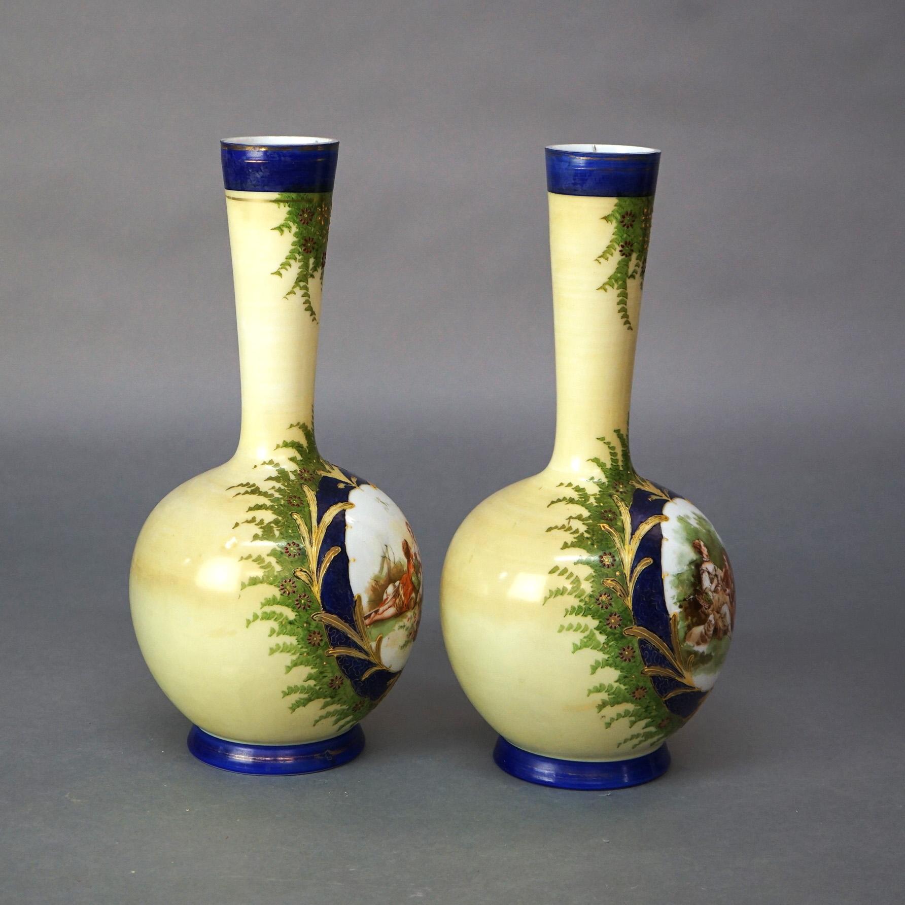 Hand-Painted Antique Pair of Hand Painted Opaline Glass Vases with Courting Scenes C1890