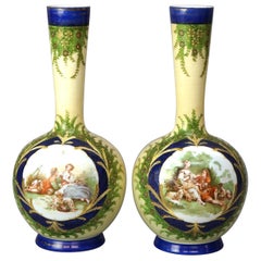 Antique Pair of Hand Painted Opaline Glass Vases with Courting Scenes C1890