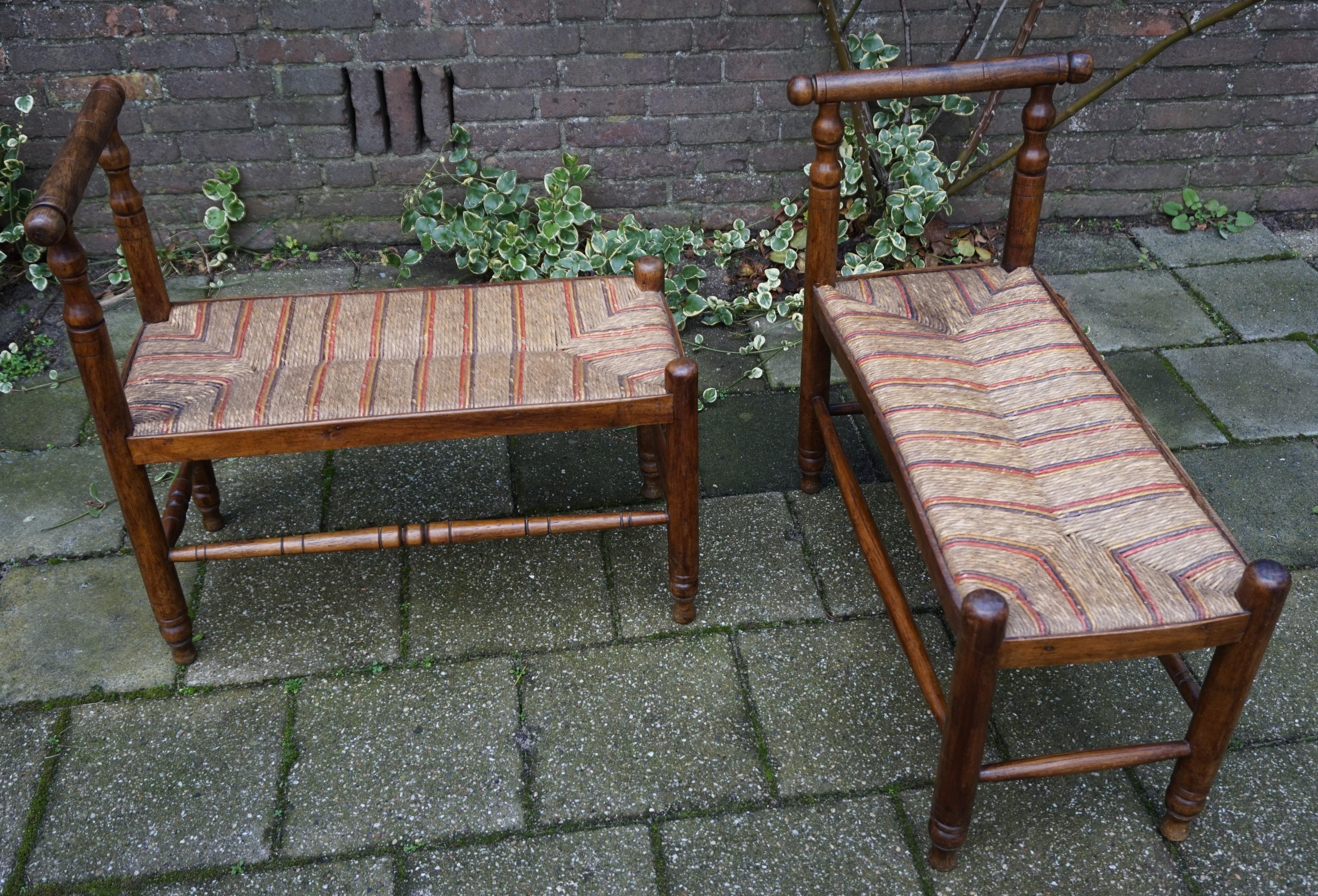 Antique Pair of Handcrafted Wood & Rush Seat Country House Stools / Hall Benches 5