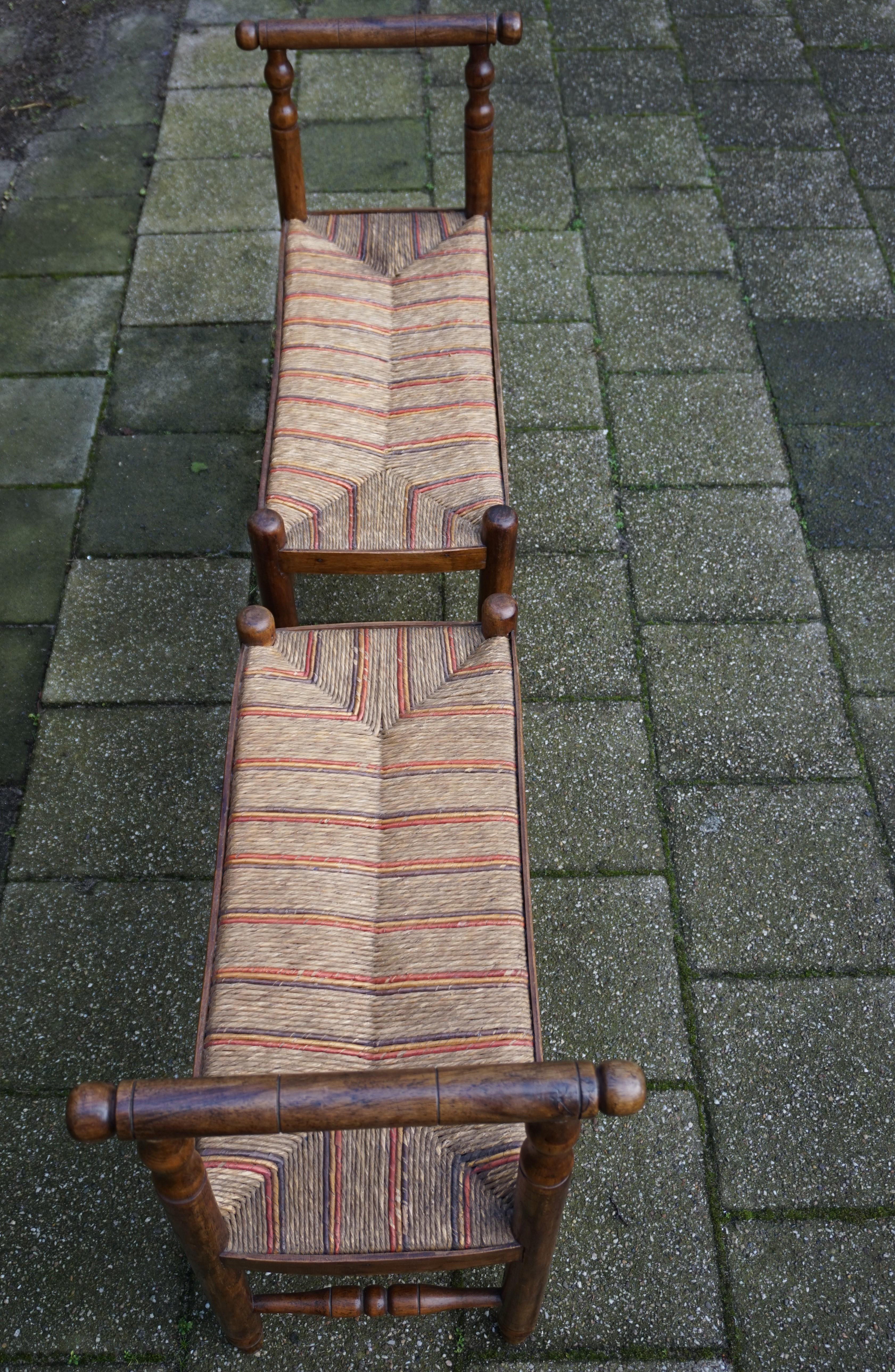 Antique Pair of Handcrafted Wood & Rush Seat Country House Stools / Hall Benches 8