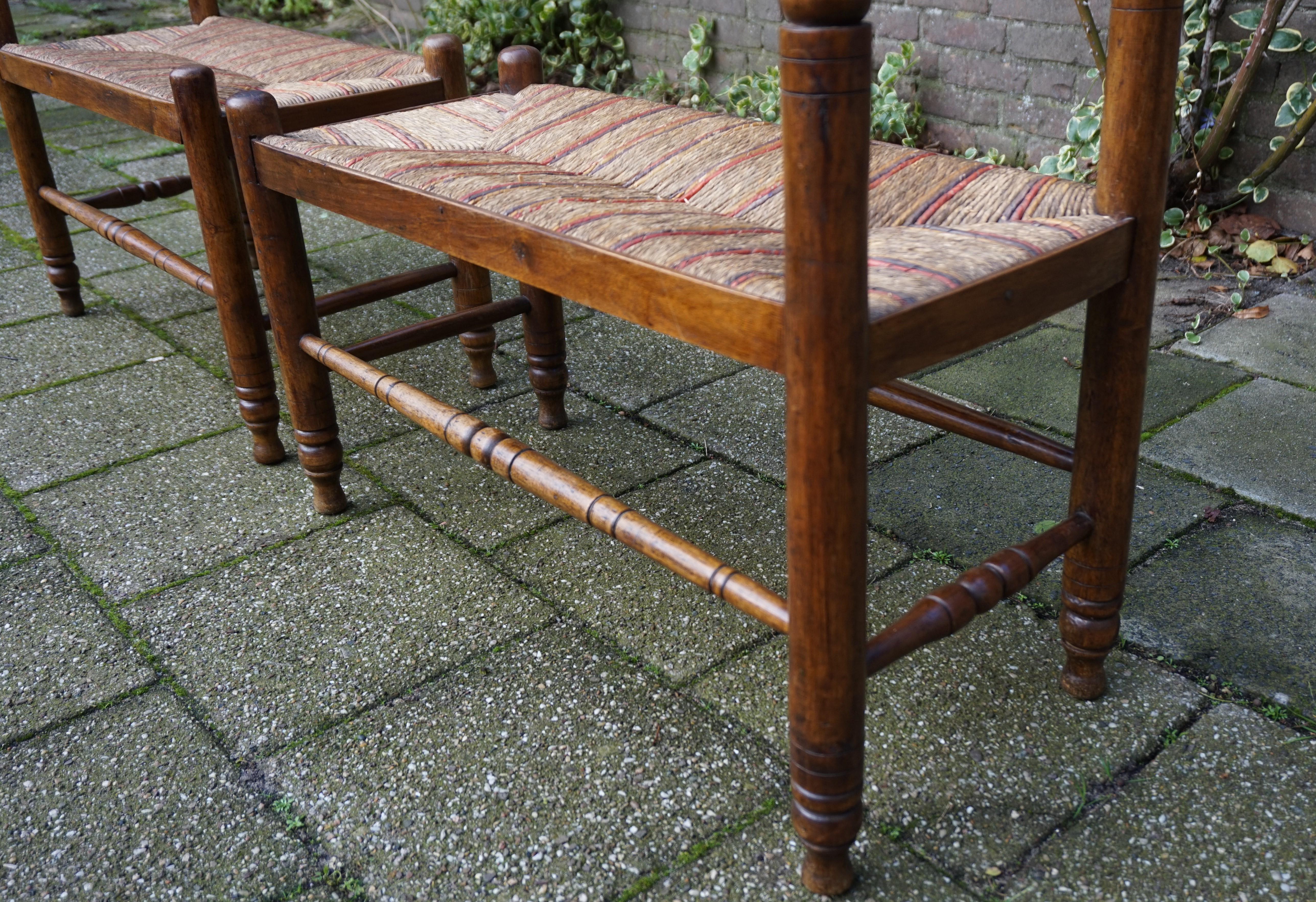 Antique Pair of Handcrafted Wood & Rush Seat Country House Stools / Hall Benches 9
