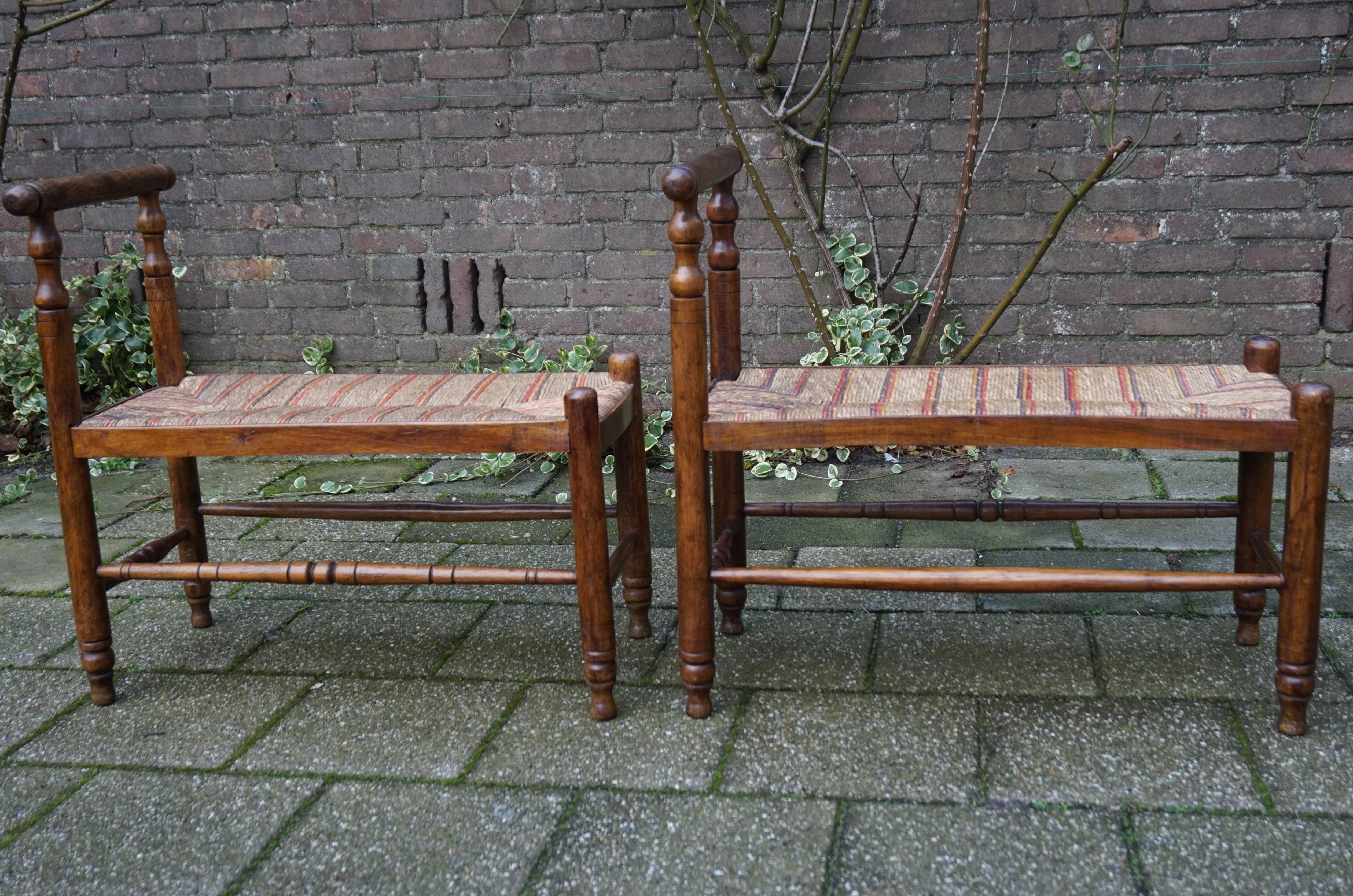 Antique Pair of Handcrafted Wood & Rush Seat Country House Stools / Hall Benches 10