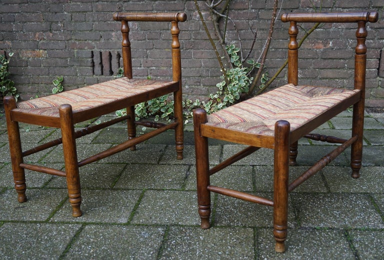 Antique Pair Of Handcrafted Wood And Rush Seat Country House