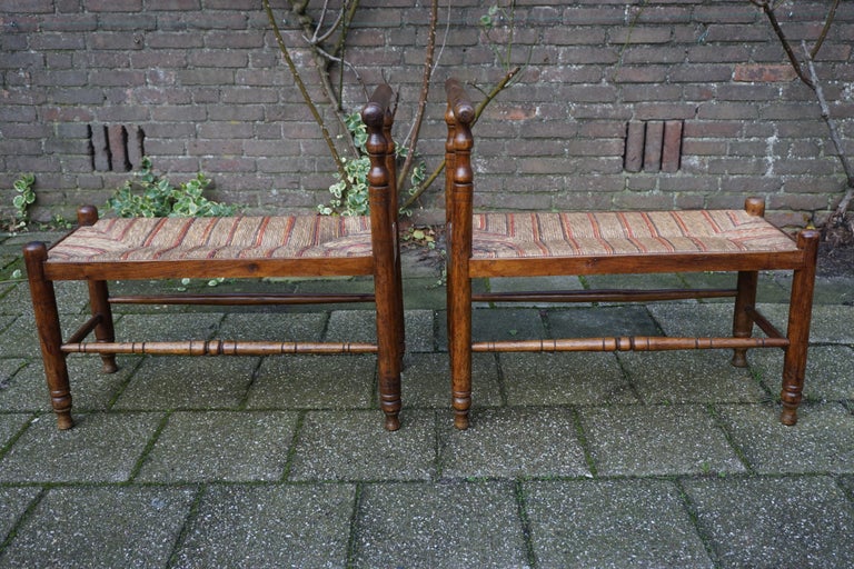 Antique Pair Of Handcrafted Wood And Rush Seat Country House