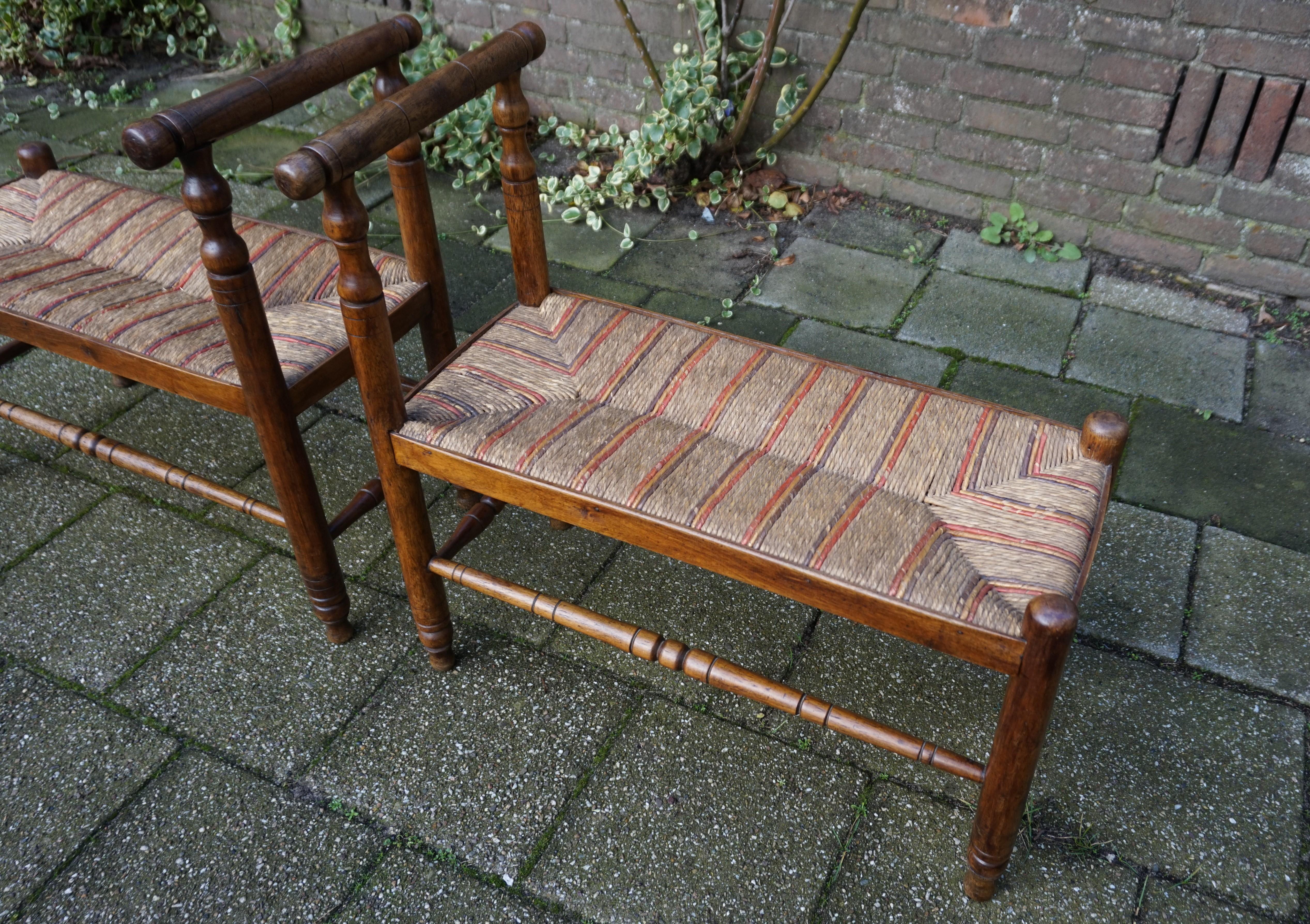 European Antique Pair of Handcrafted Wood & Rush Seat Country House Stools / Hall Benches