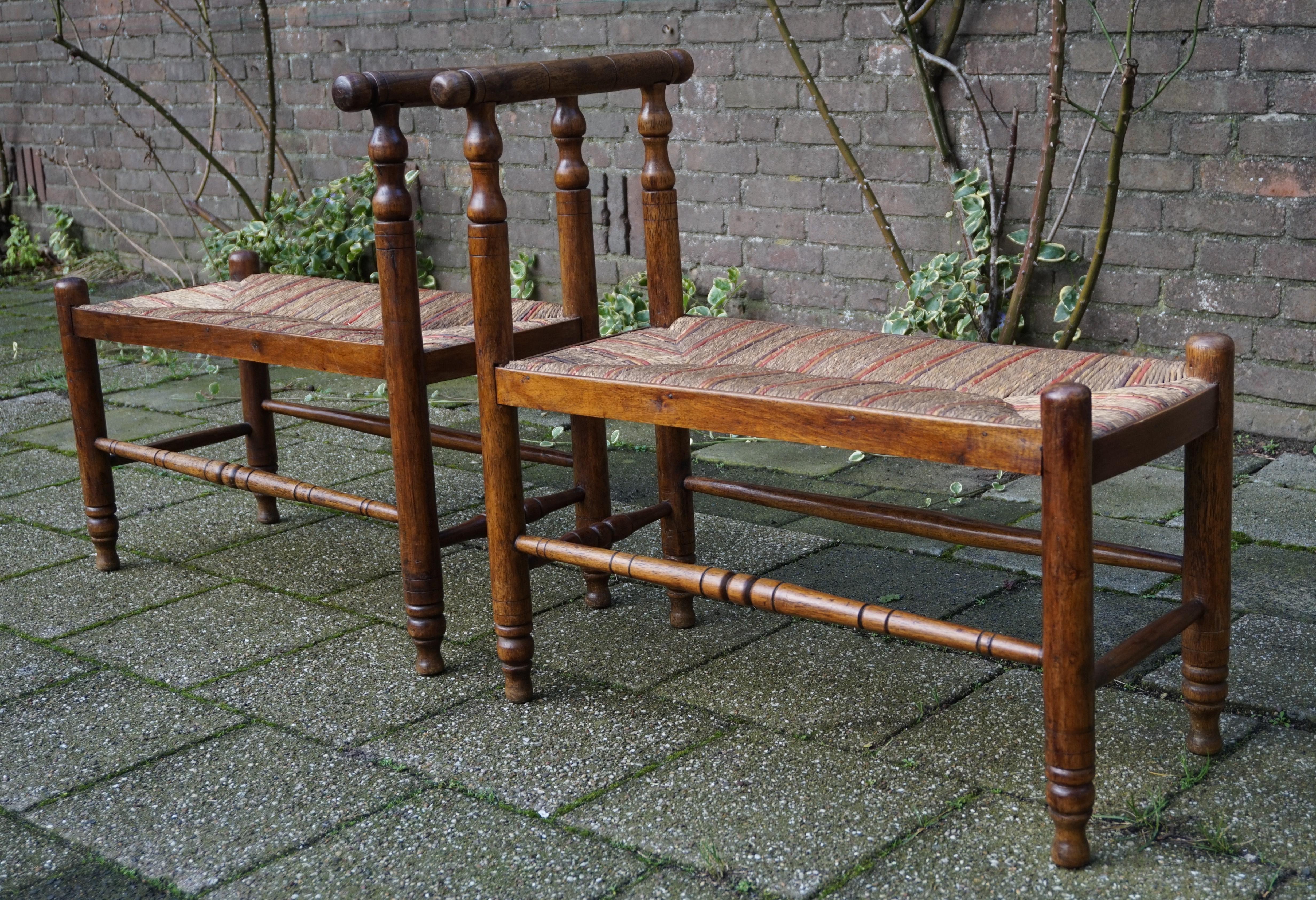 Hand-Crafted Antique Pair of Handcrafted Wood & Rush Seat Country House Stools / Hall Benches