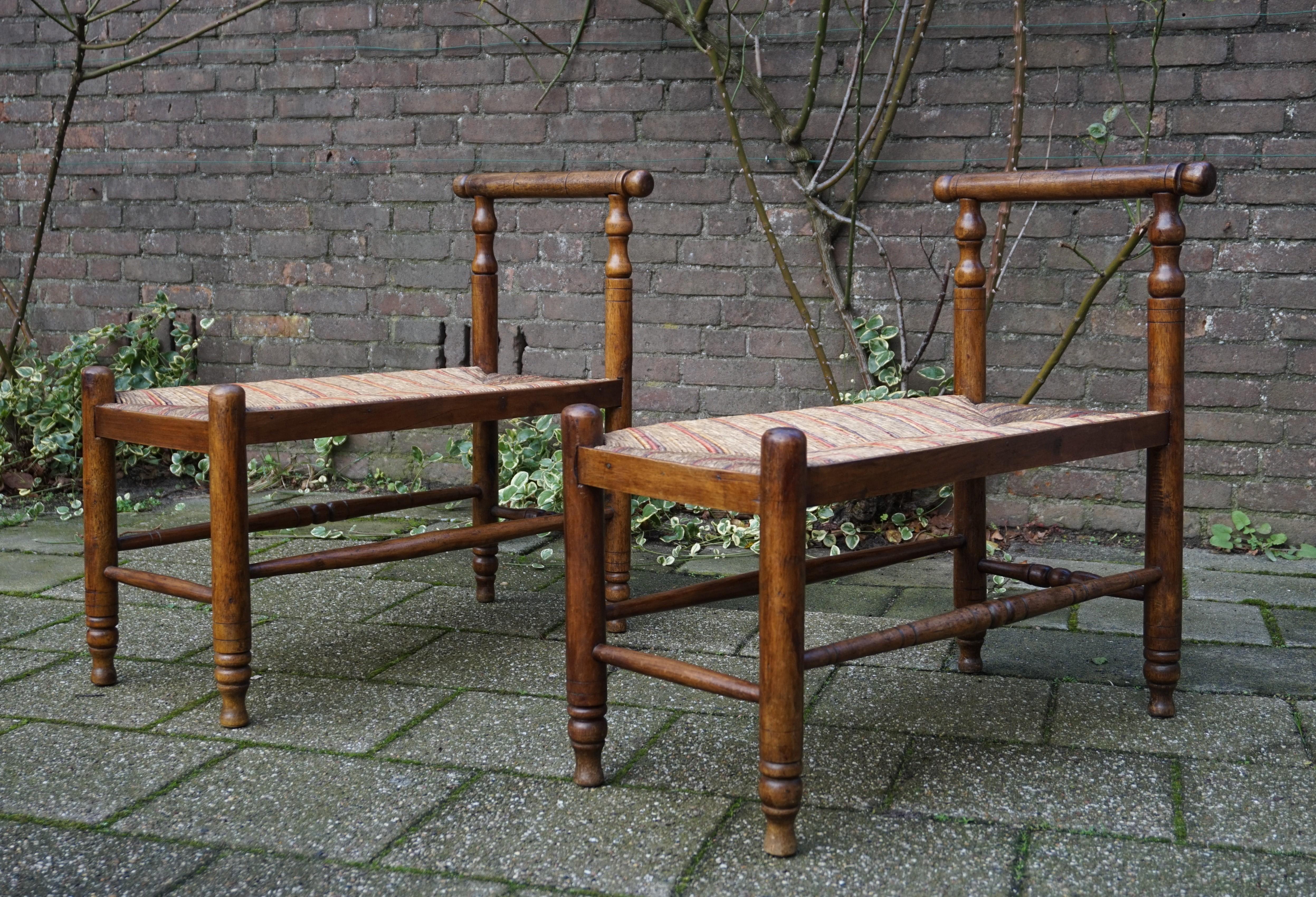 20th Century Antique Pair of Handcrafted Wood & Rush Seat Country House Stools / Hall Benches