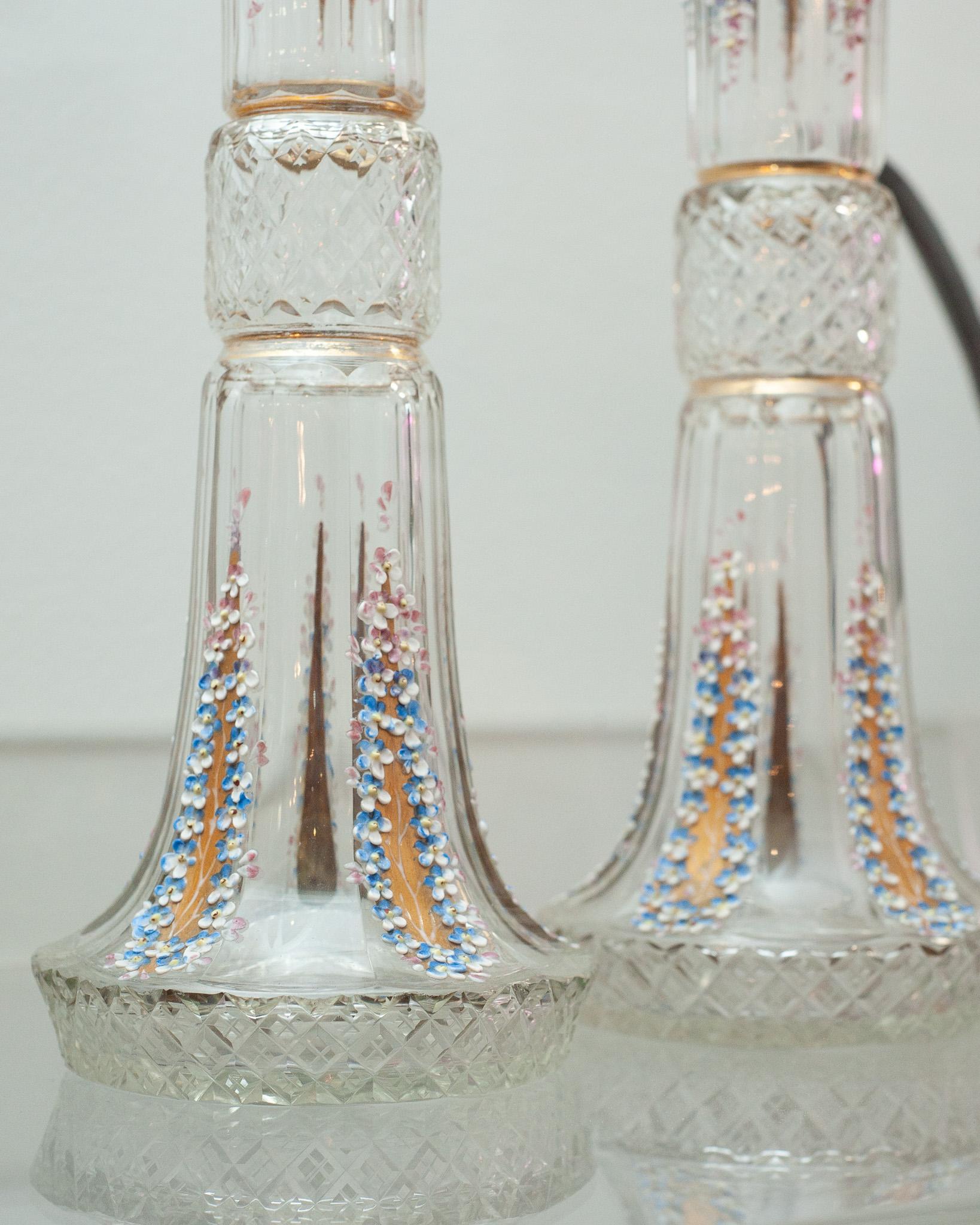 French Antique Pair of Handpainted Floral Cut Crystal Vases For Sale