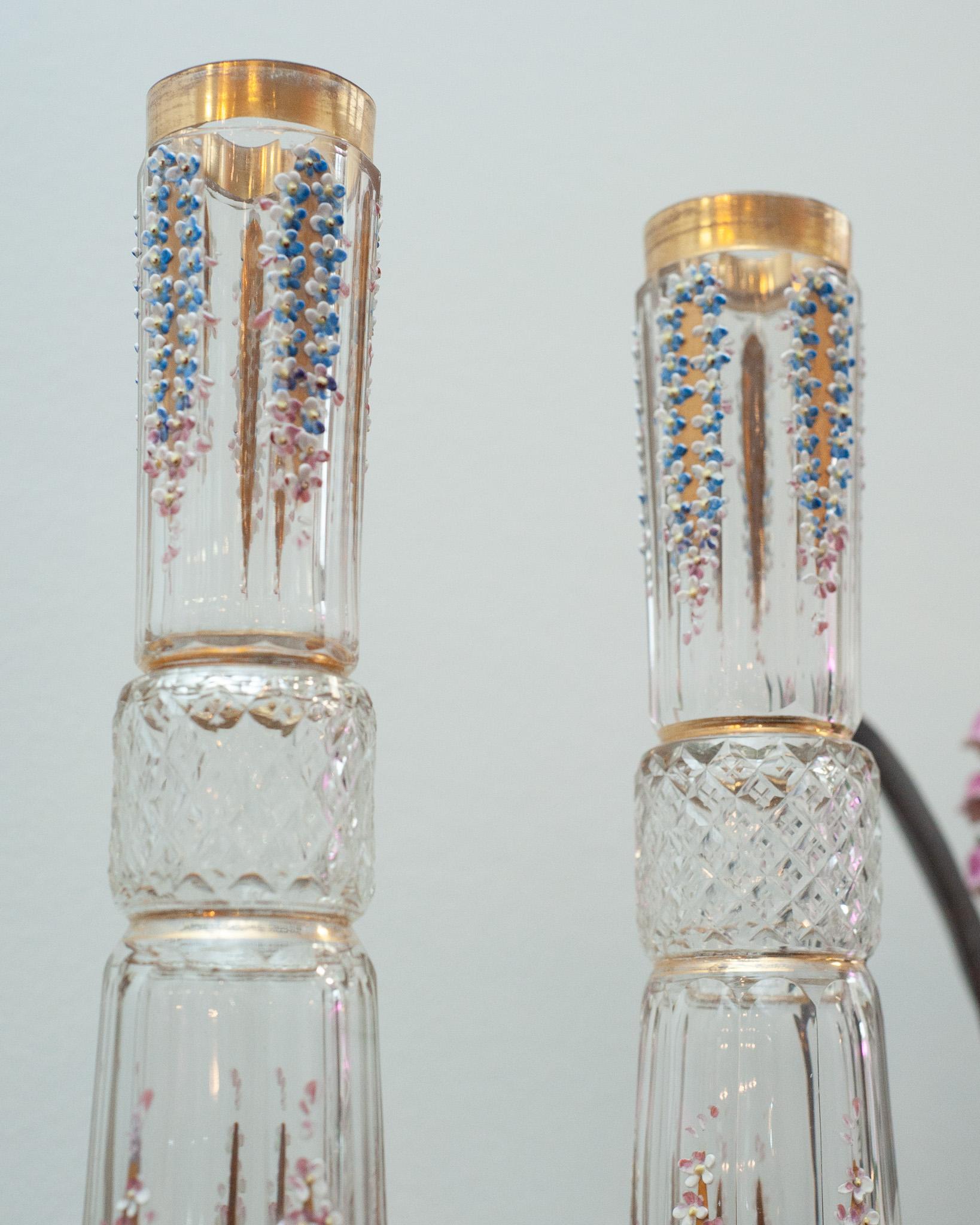 Hand-Painted Antique Pair of Handpainted Floral Cut Crystal Vases For Sale