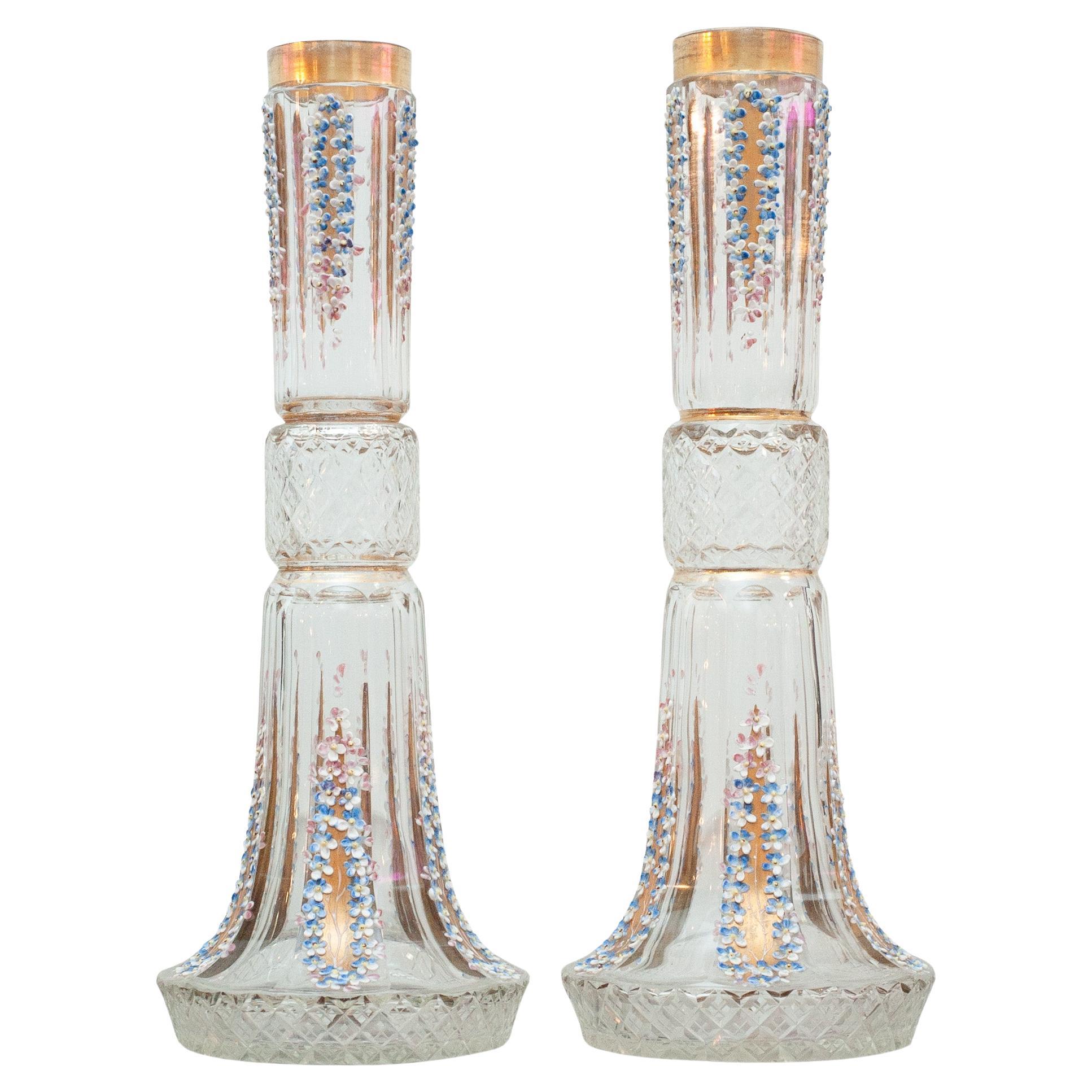 Antique Pair of Handpainted Floral Cut Crystal Vases For Sale