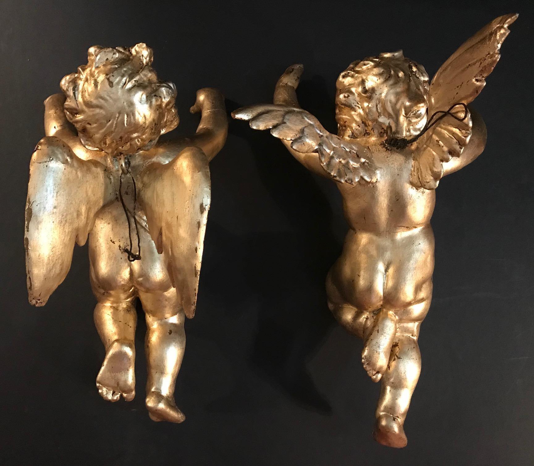 Antique Pair of Hanging Italian Hand Carved Wood Gilded Putti, Cherub, Angels 1