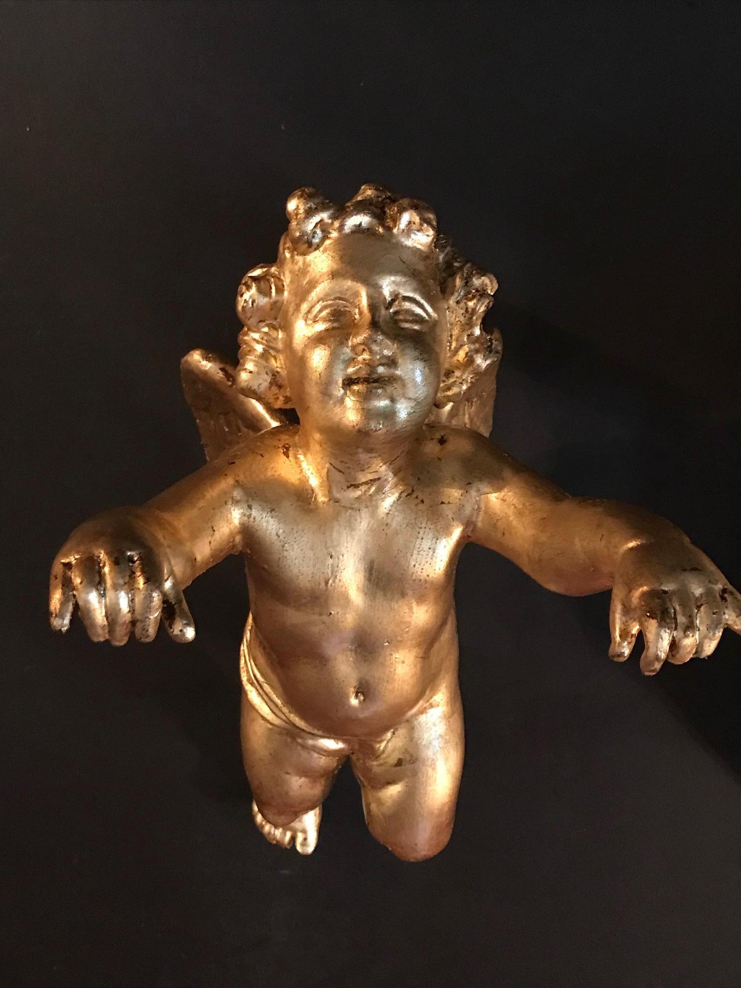 Baroque Antique Pair of Hanging Italian Hand Carved Wood Gilded Putti, Cherub, Angels