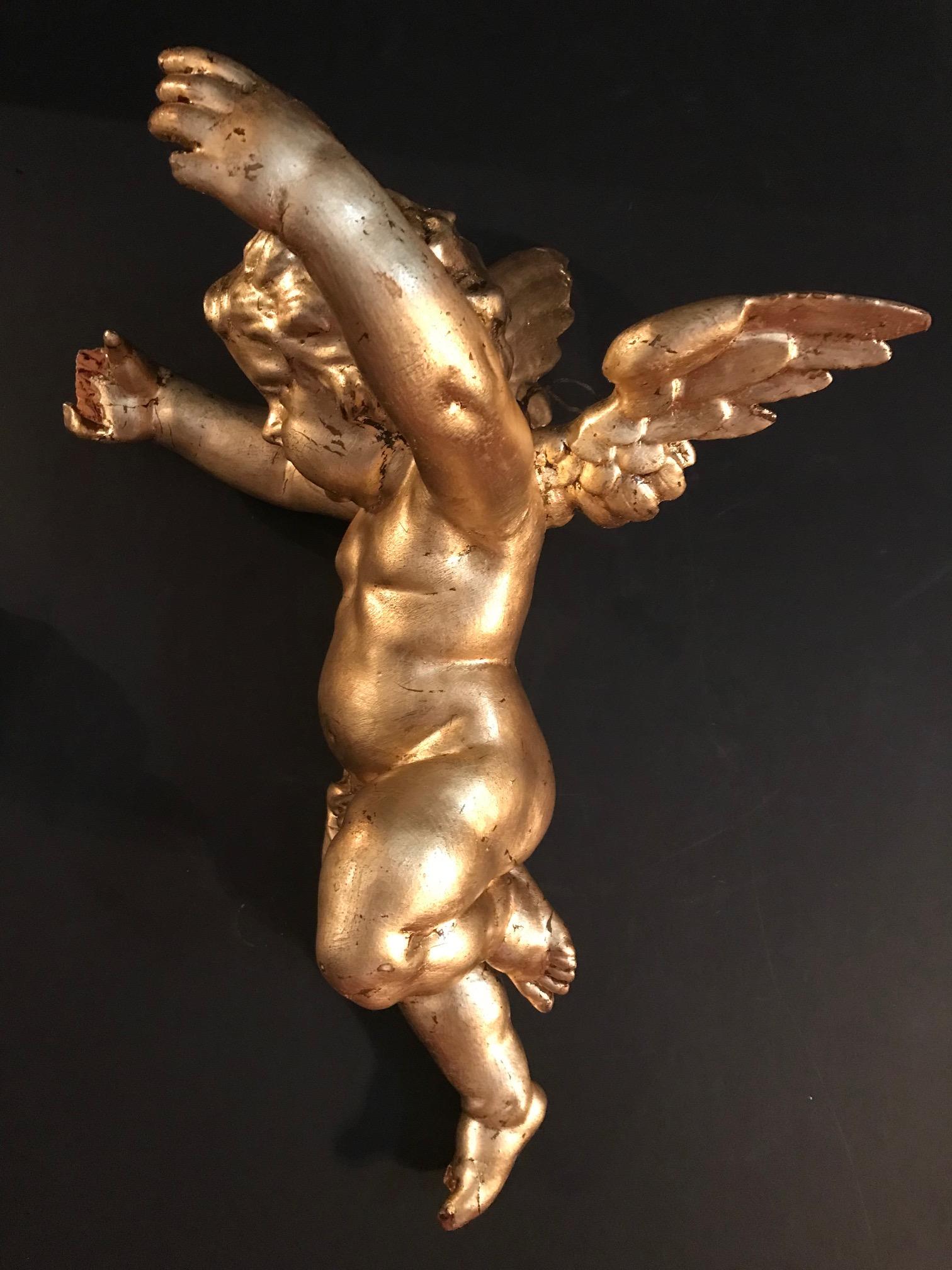 18th Century Antique Pair of Hanging Italian Hand Carved Wood Gilded Putti, Cherub, Angels