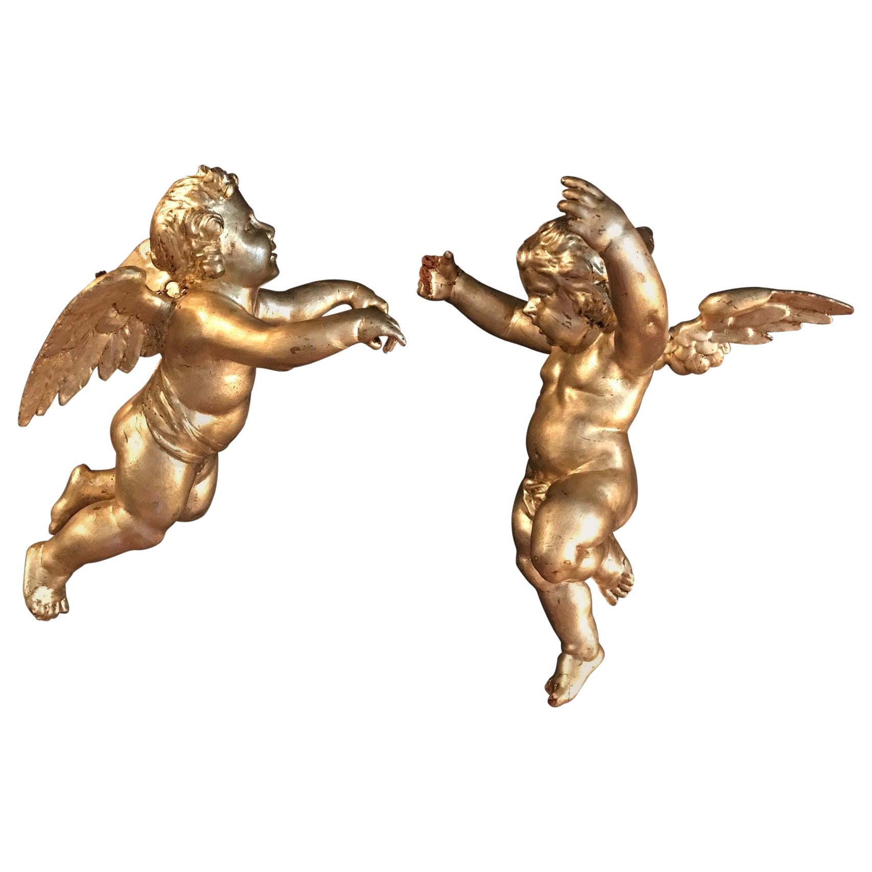 Antique Pair of Hanging Italian Hand Carved Wood Gilded Putti, Cherub, Angels