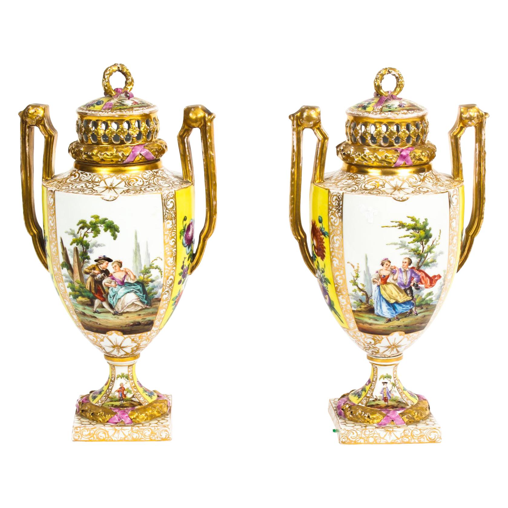 Antique Pair of Helena Wolfsohn Dresden Porcelain Vases 19th Century