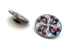 Antique Pair of High Victorian Buttons Brass Polychrome Enamel