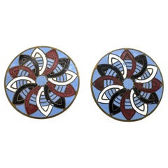 Antique Pair of High Victorian Buttons Brass Polychrome Enamel