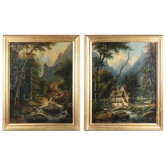 Antique Pair of Hudson River School Oil on Canvas Paintings, Giltwood Framed