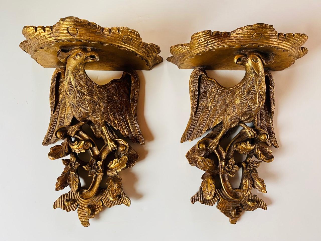 Antique Pair of Imperial Eagle Carved Wall Shelf Sconce Brackets 2