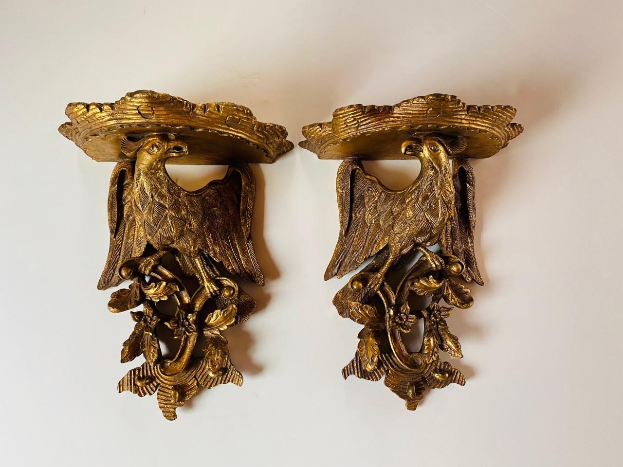 Hollywood Regency Antique Pair of Imperial Eagle Carved Wall Shelf Sconce Brackets