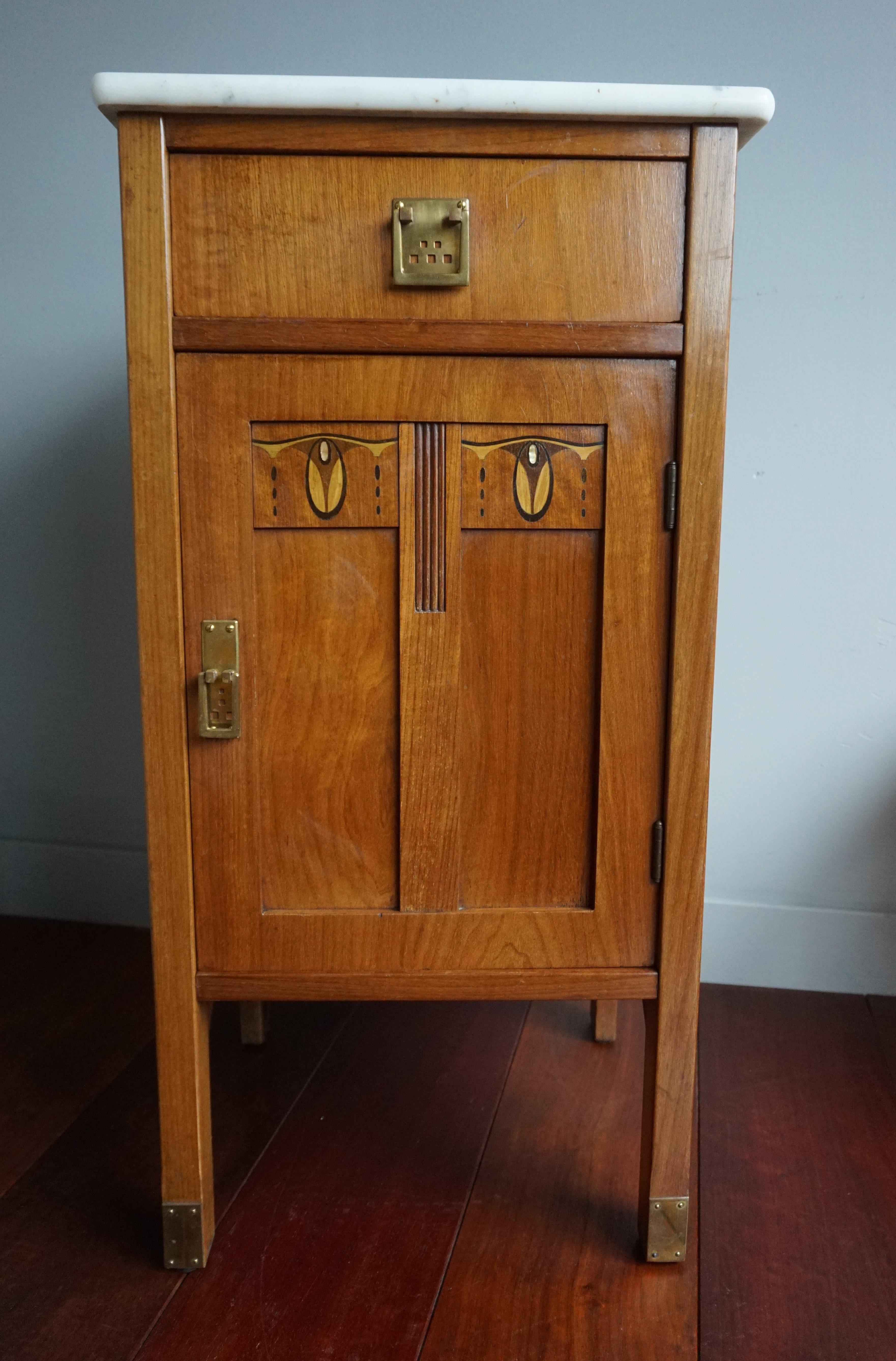 Antique Pair of Inlaid Arts and Crafts Nightstands / Bed Cabinets w. Marble Tops 6