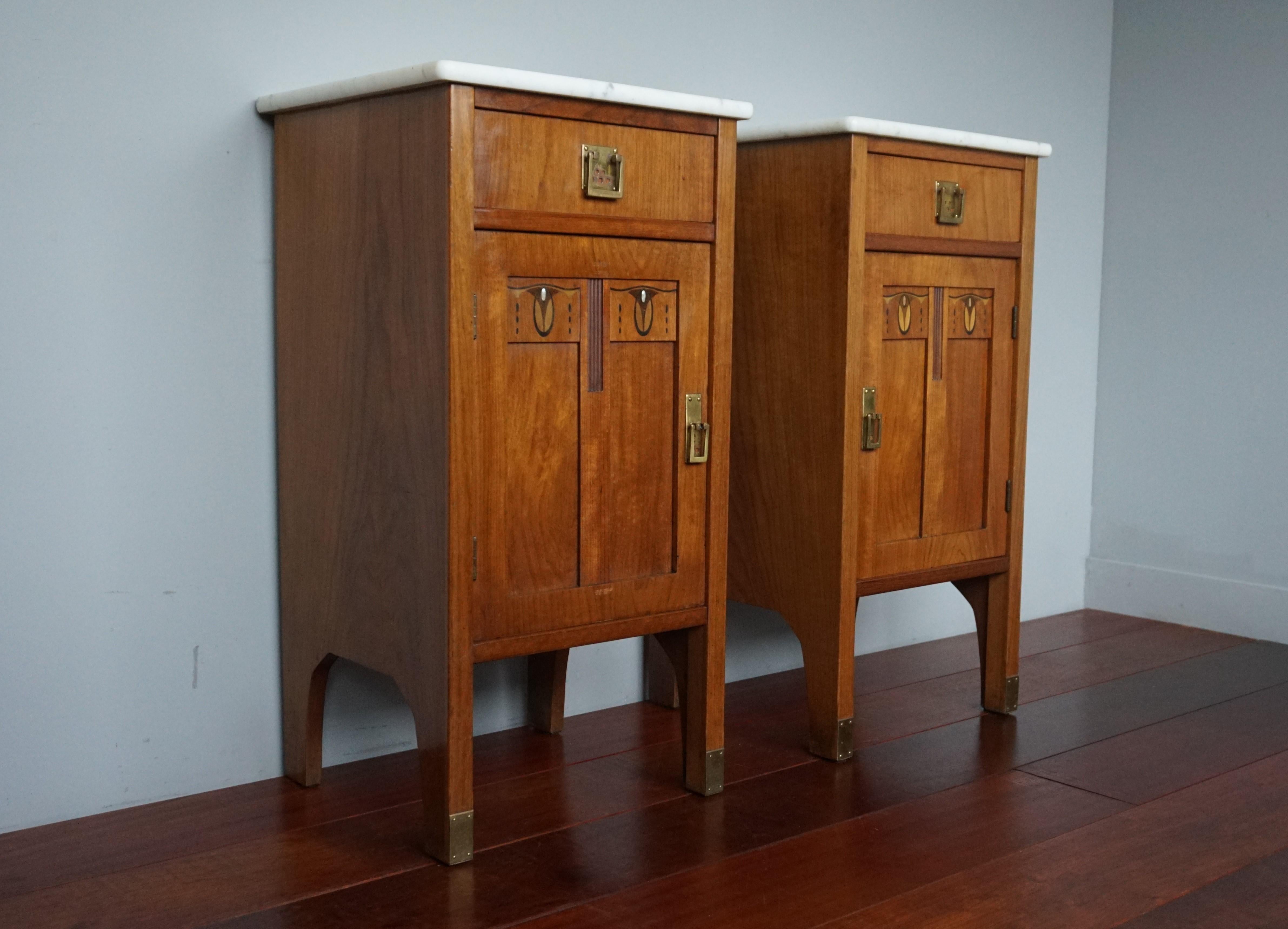 Antique Pair of Inlaid Arts and Crafts Nightstands / Bed Cabinets w. Marble Tops 12