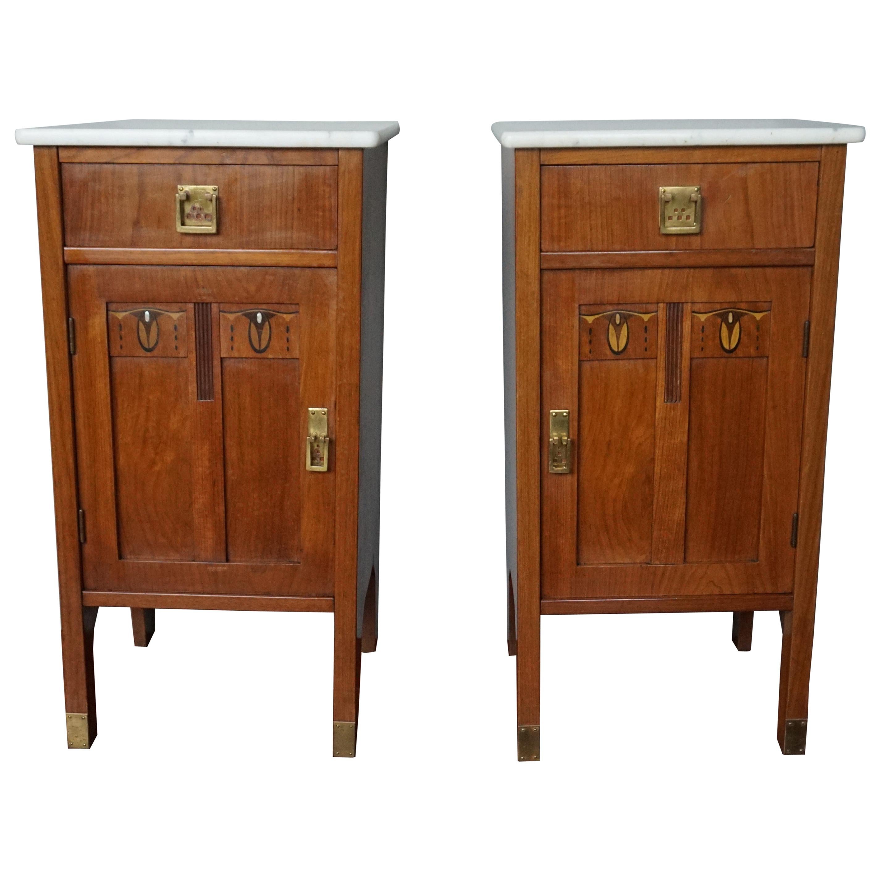 Antique Pair of Inlaid Arts and Crafts Nightstands / Bed Cabinets w. Marble Tops