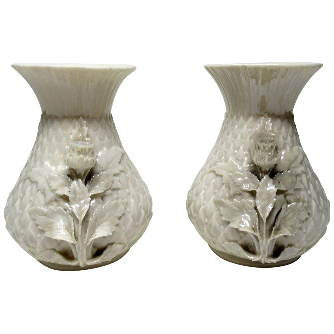 Antique Pair of Irish Belleek Thistle Vases Lily Black Mark, Ireland