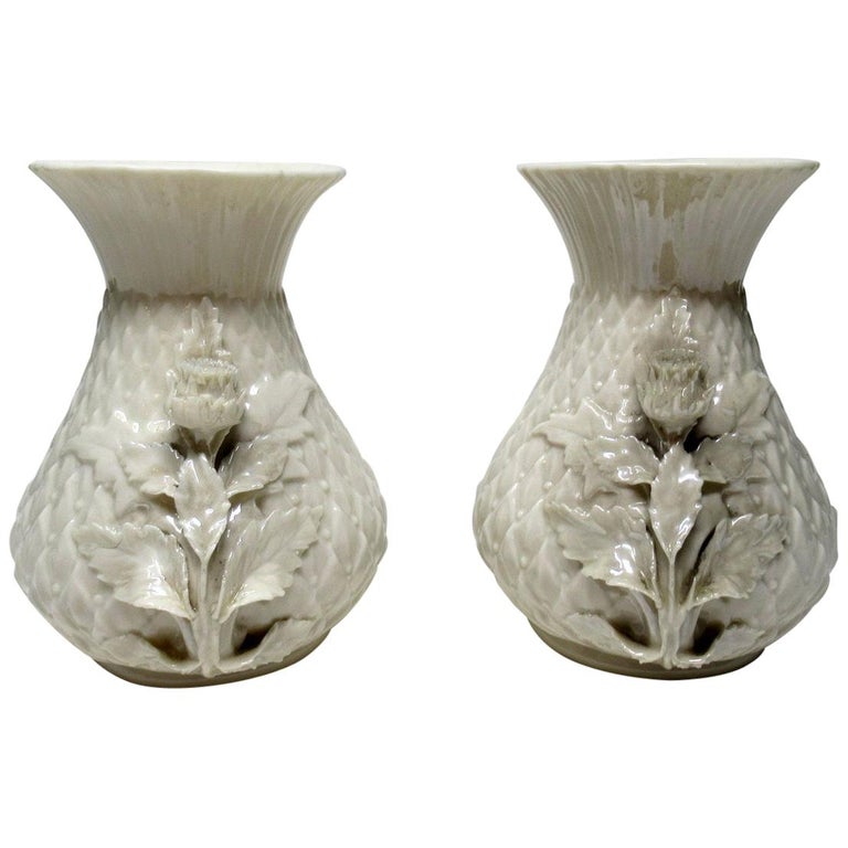 Antique Pair of Irish Belleek Thistle Vases Lily Black Mark, Ireland at
