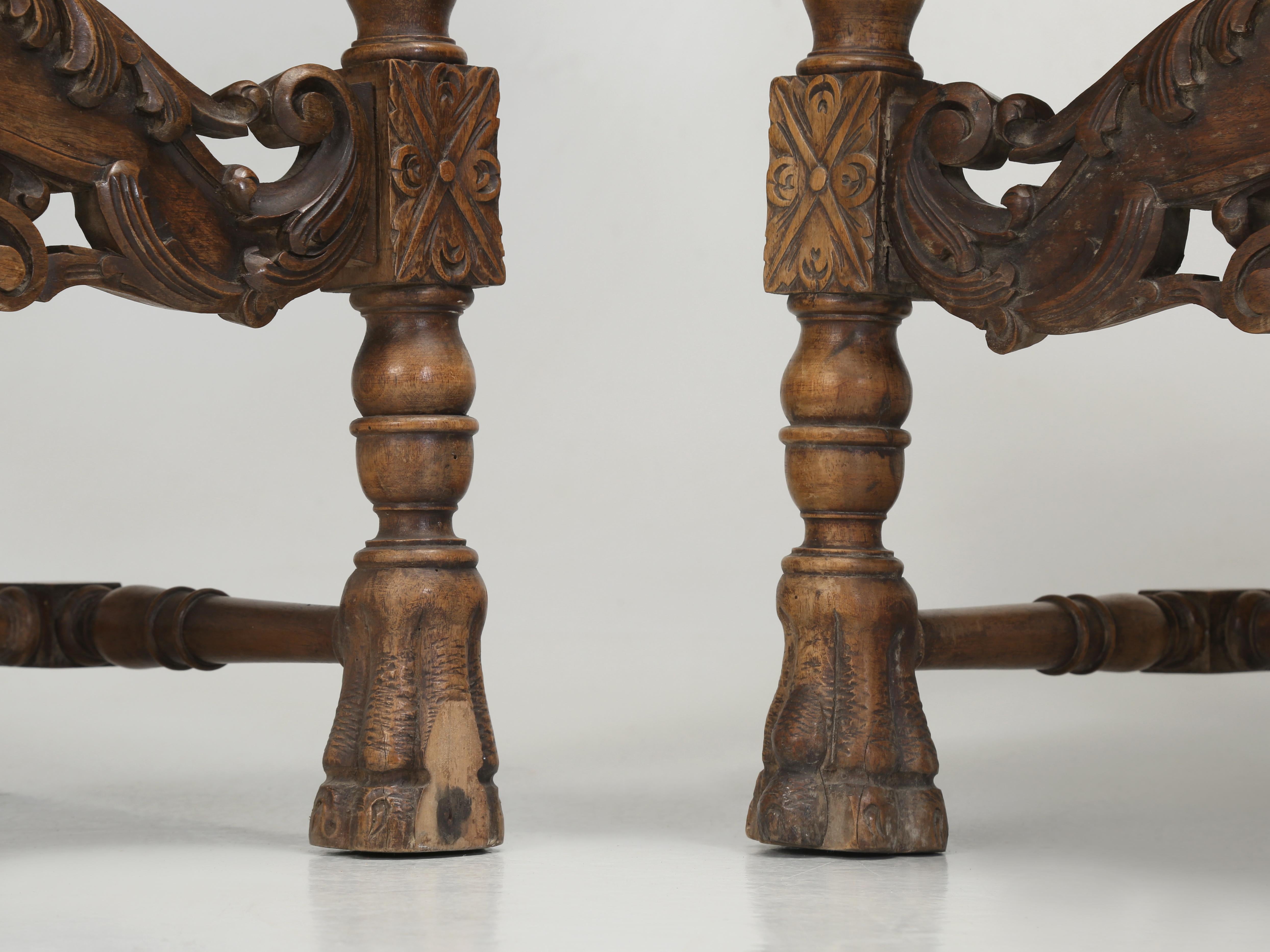 Antique Pair of Italian Armchairs Hand Carved Walnut Require Restoration C1880s For Sale 8