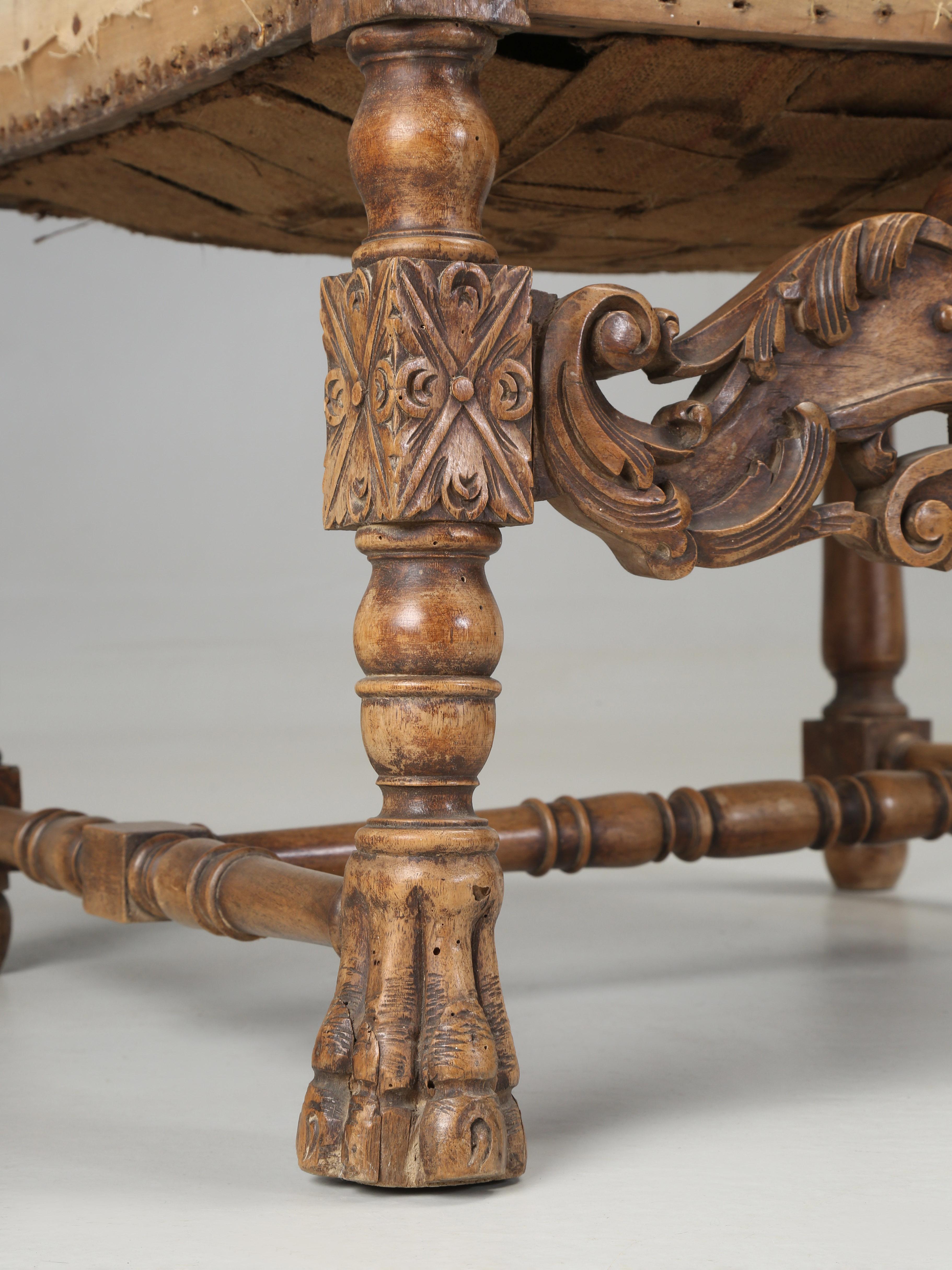 Antique Pair of Italian Armchairs Hand Carved Walnut Require Restoration, C1880s For Sale 8