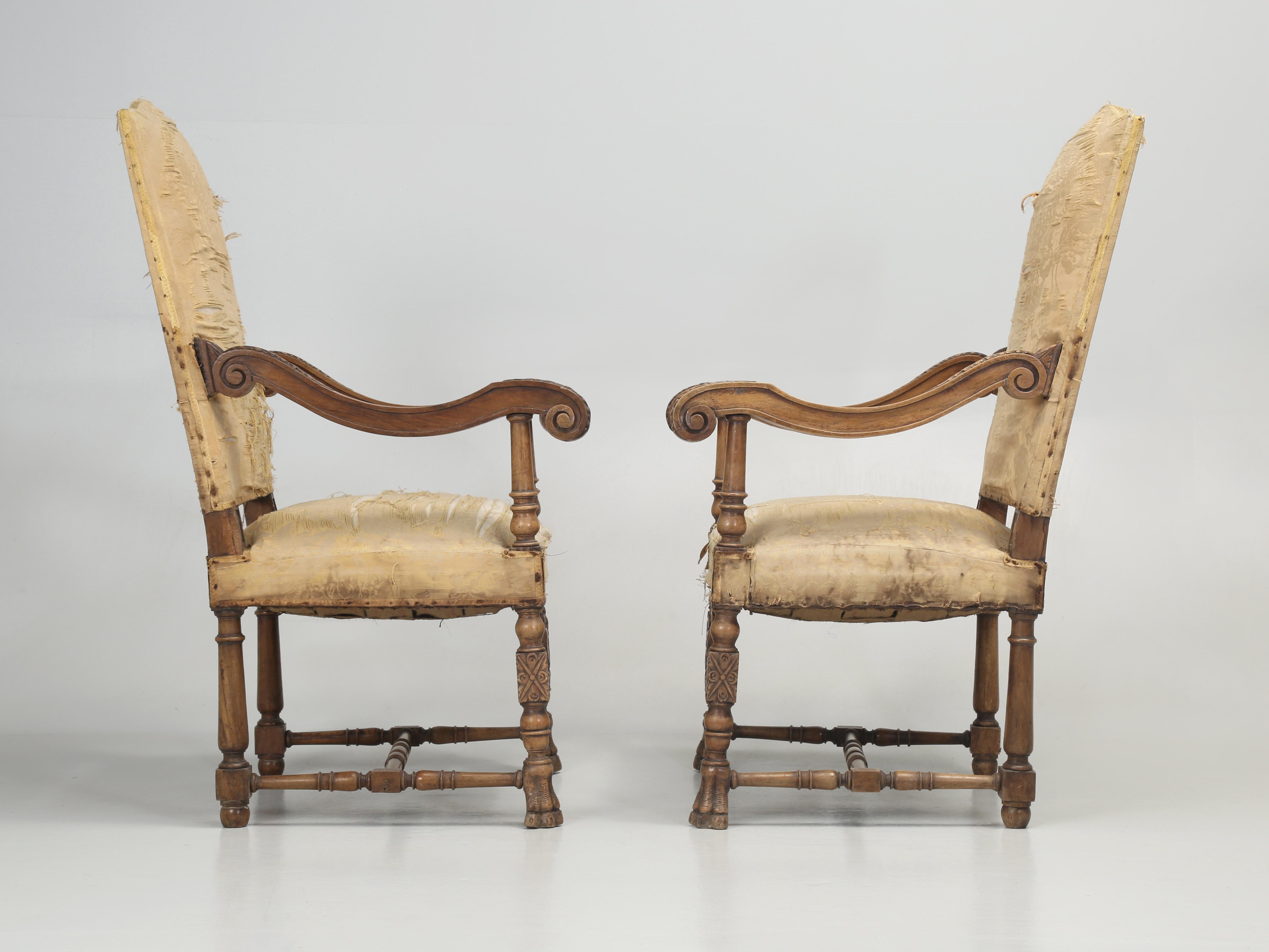 Antique Pair of Italian Armchairs Hand Carved Walnut Require Restoration, C1880s For Sale 11