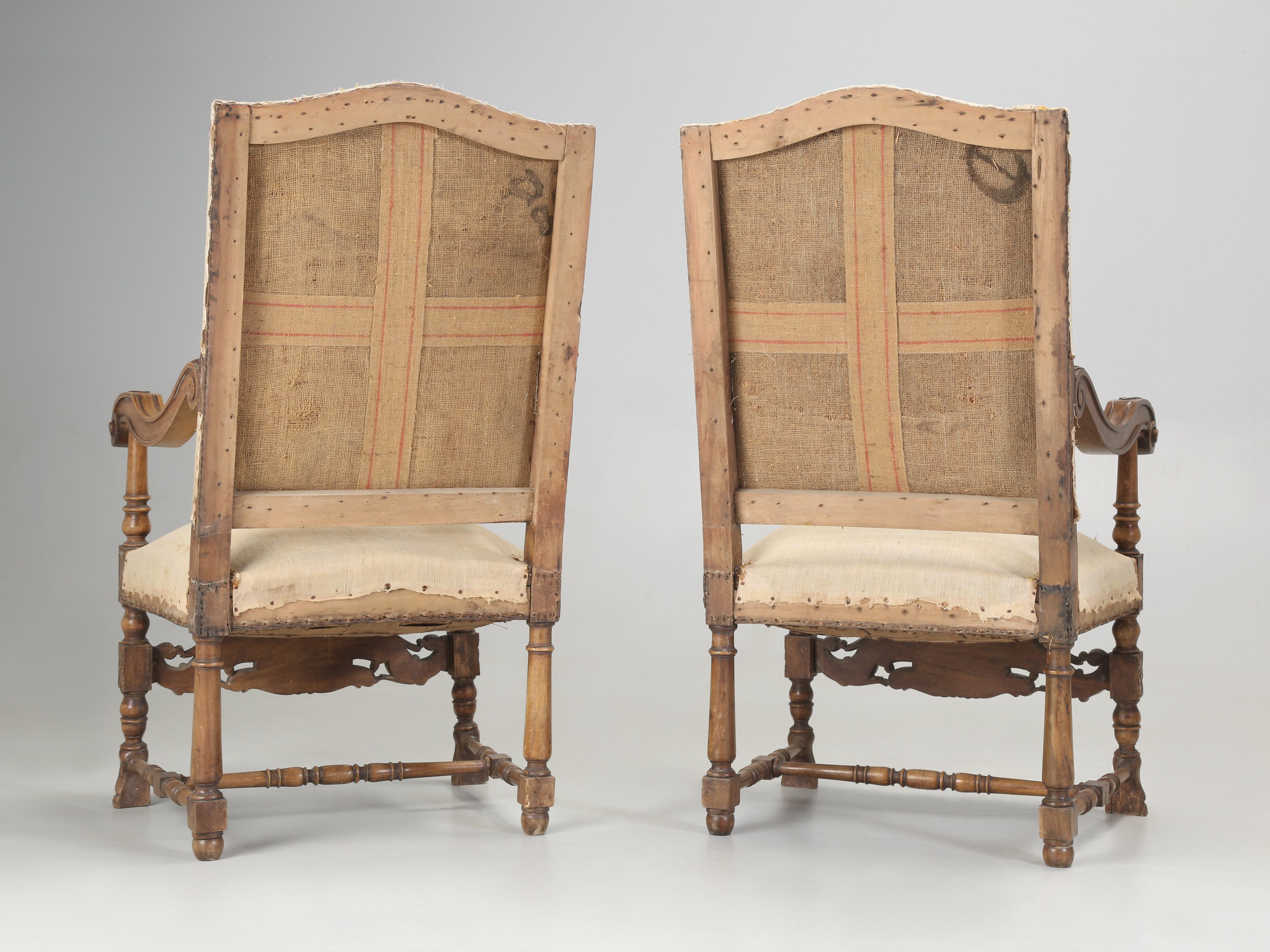 Antique Pair of Italian Armchairs Hand Carved Walnut Require Restoration, C1880s For Sale 11