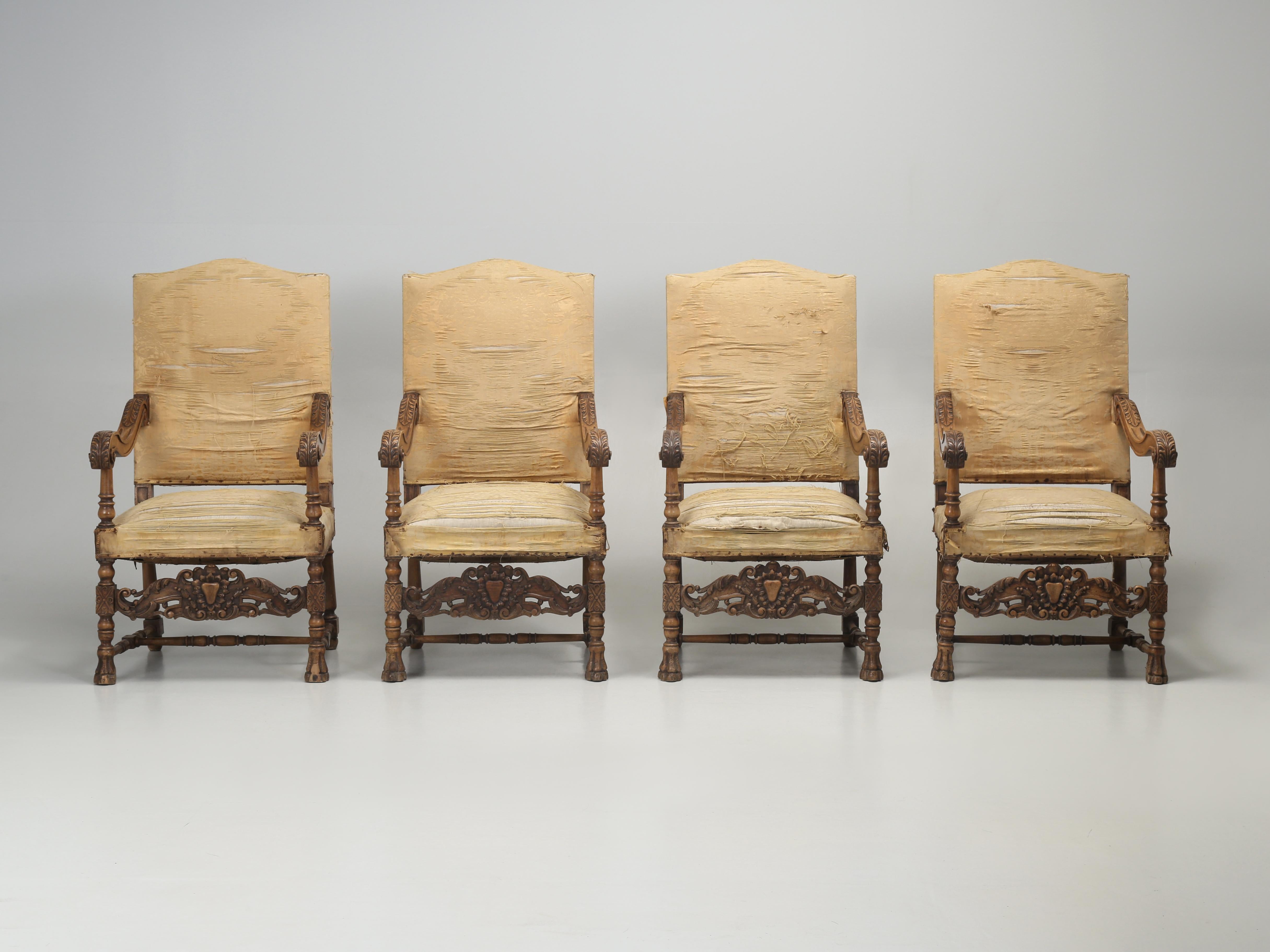 Antique Pair of Italian Armchairs Hand Carved Walnut Require Restoration C1880s For Sale 12