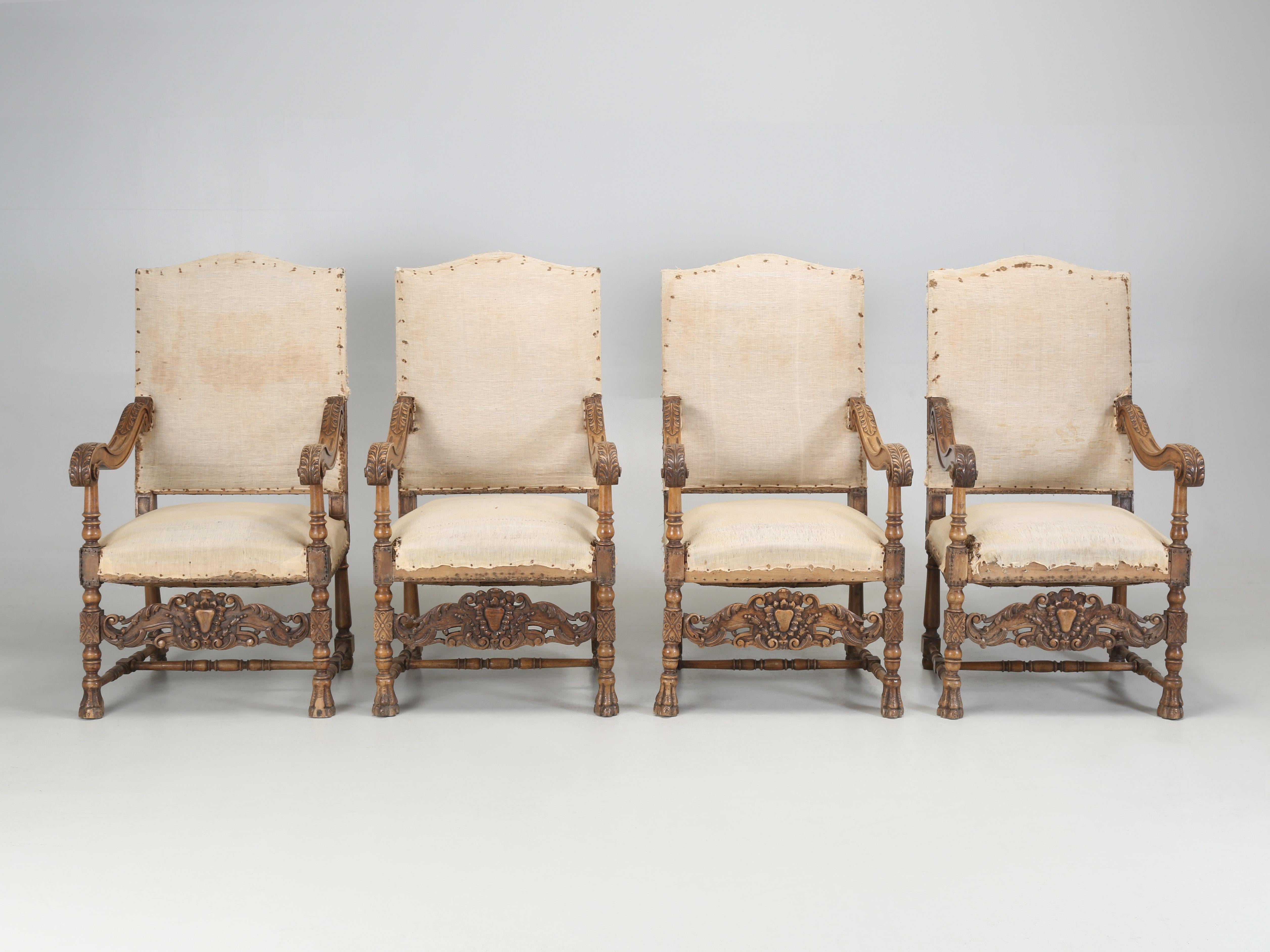 Antique Pair of Italian Armchairs Hand Carved Walnut Require Restoration, C1880s For Sale 12