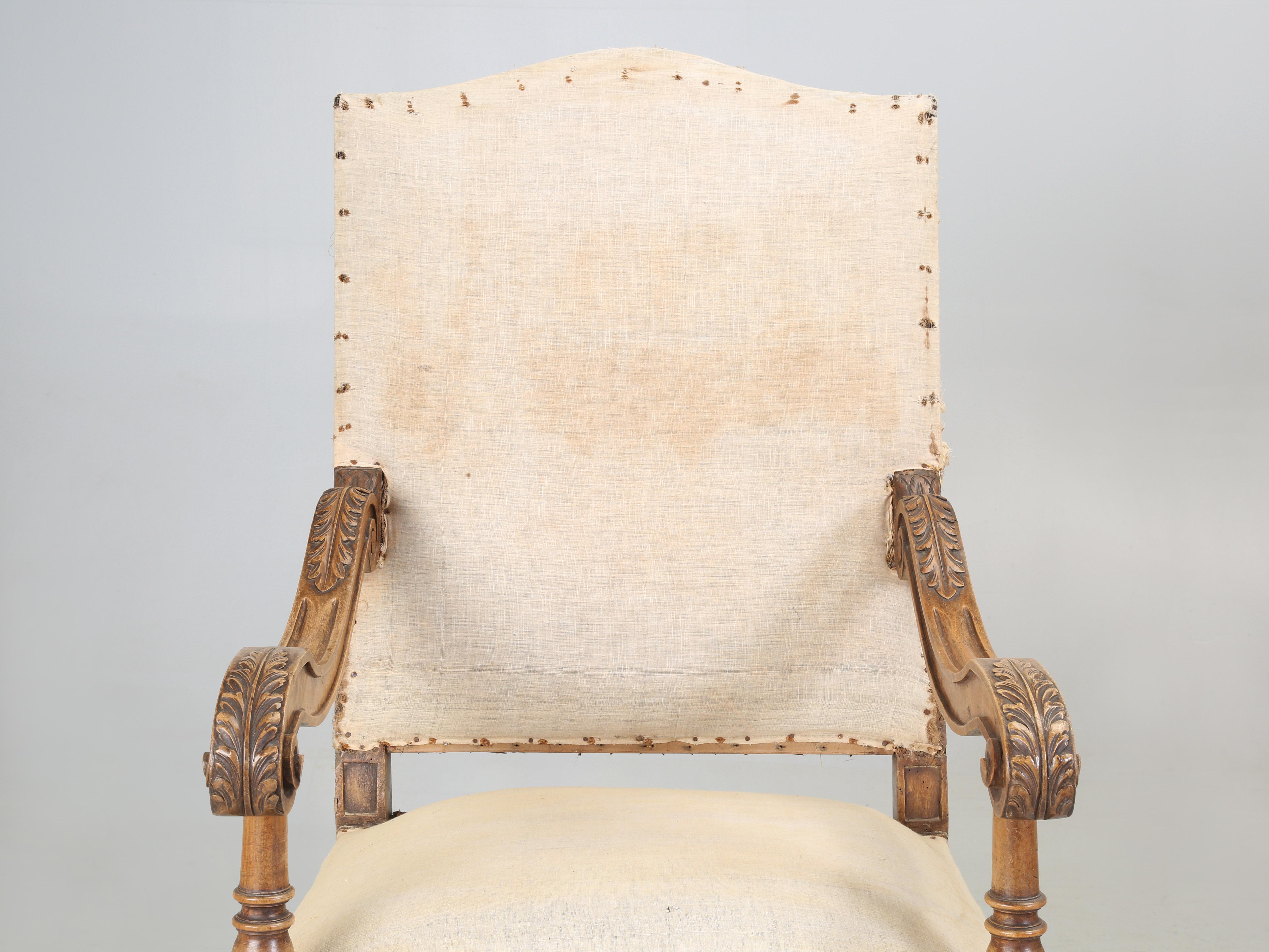 Antique Italian pair of Armchairs Hand-Carved from Walnut is desperate need of a full restoration. Currently, we have (2) pairs of Matching Italian Armchairs that all must have come out of the same Italian home and all (4) armchairs are in need of a