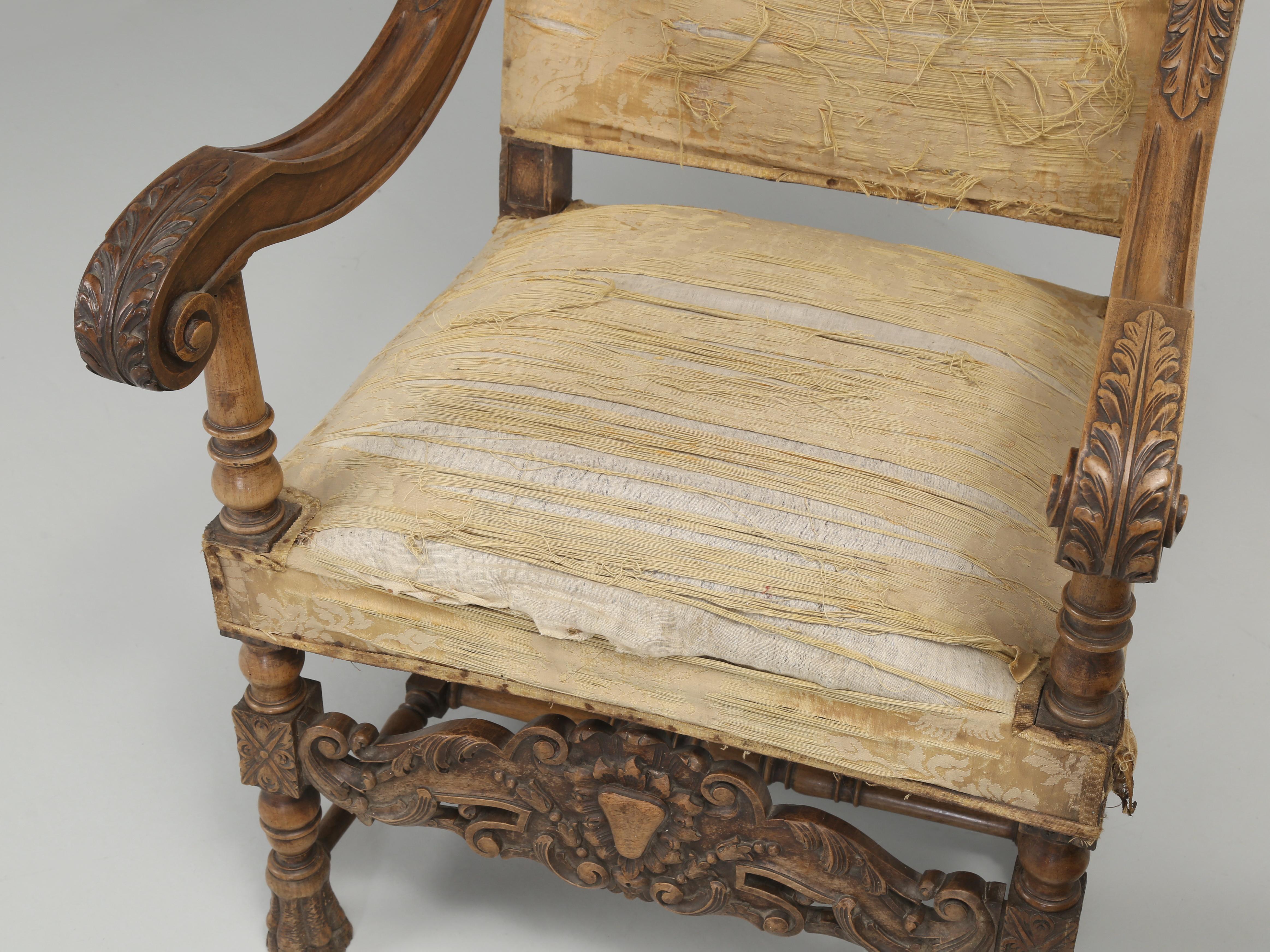 Hand-Carved Antique Pair of Italian Armchairs Hand Carved Walnut Require Restoration, C1880s For Sale
