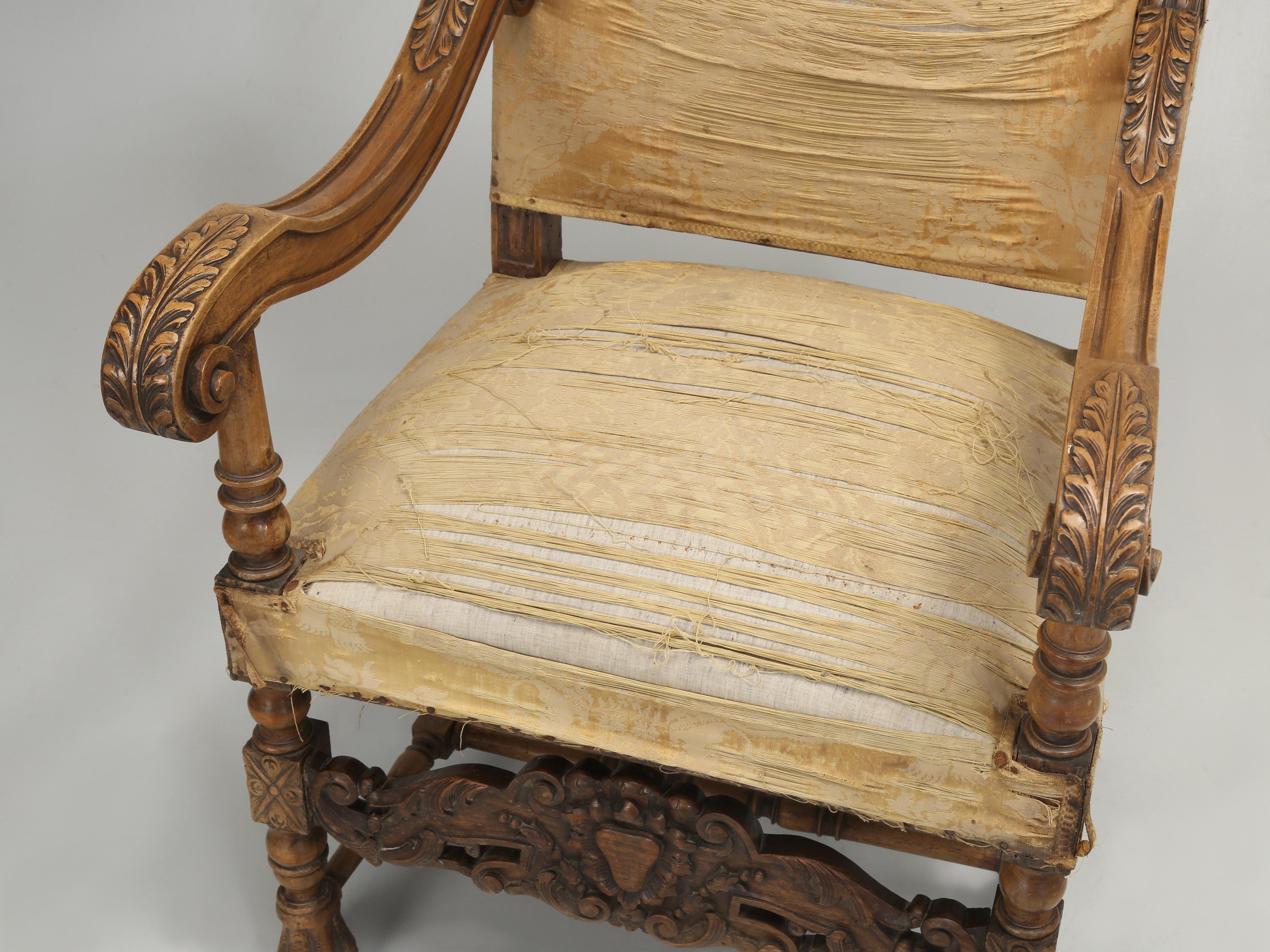 Late 19th Century Antique Pair of Italian Armchairs Hand Carved Walnut Require Restoration C1880s For Sale