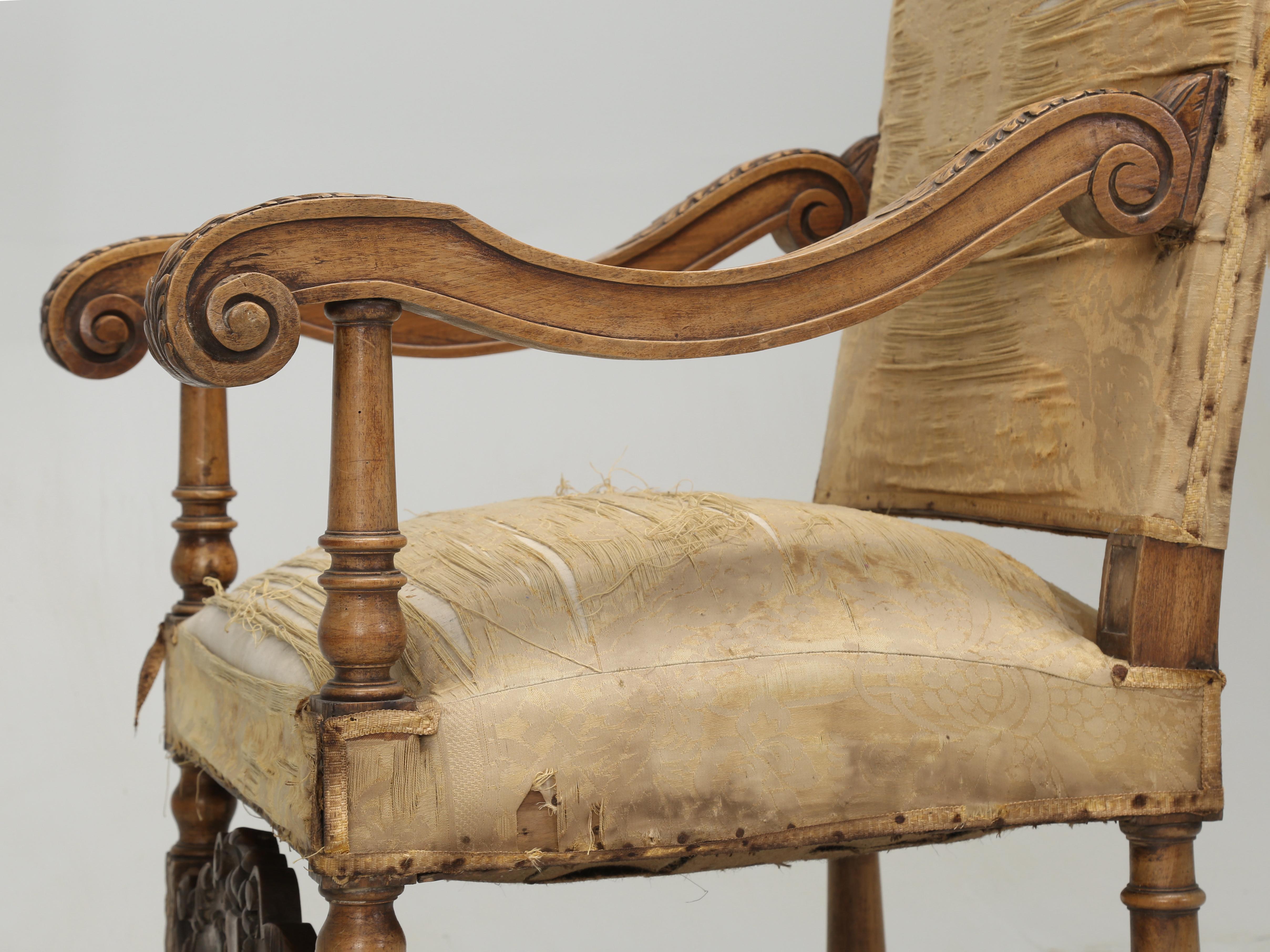 Upholstery Antique Pair of Italian Armchairs Hand Carved Walnut Require Restoration C1880s For Sale