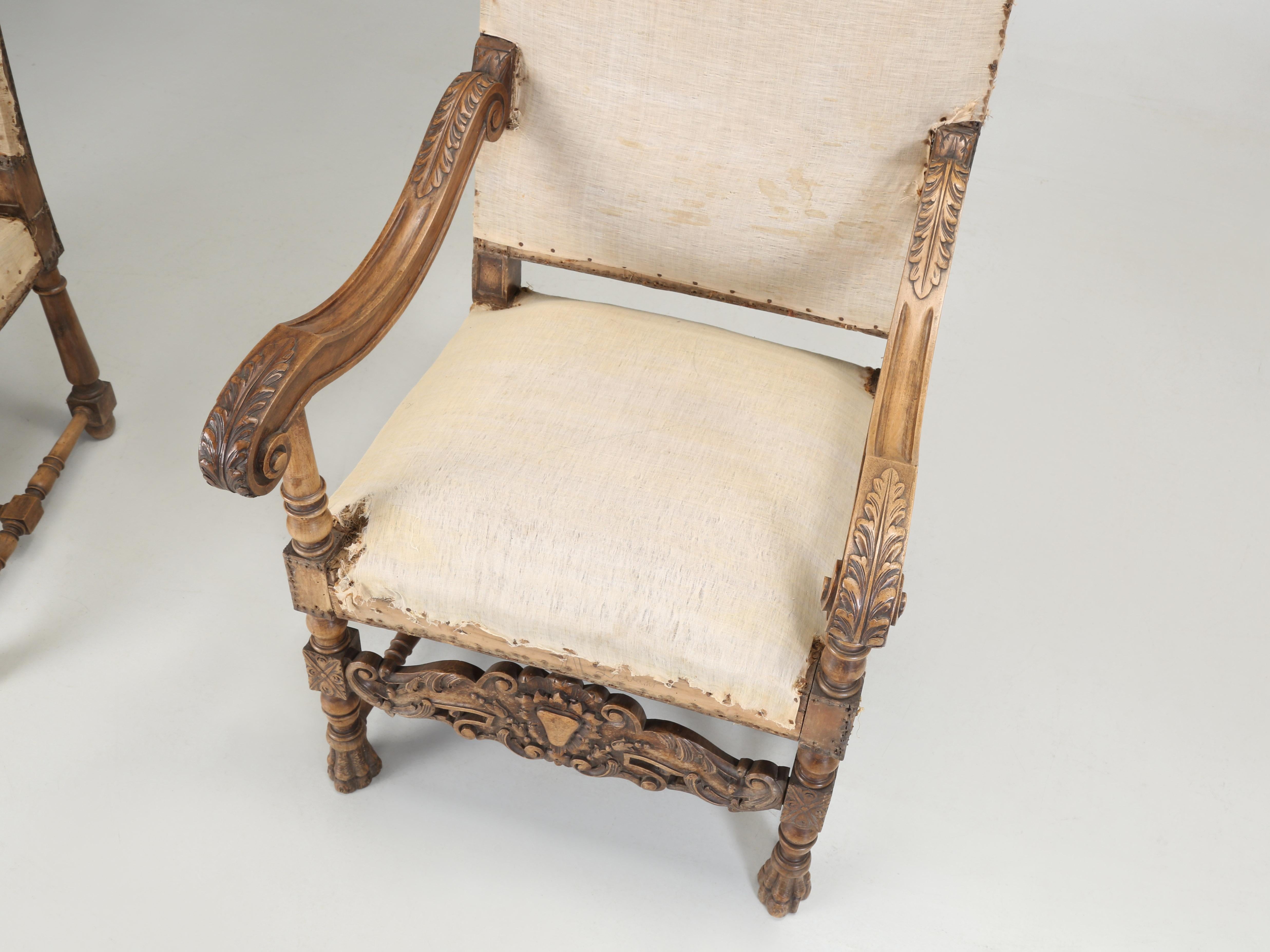 Antique Pair of Italian Armchairs Hand Carved Walnut Require Restoration, C1880s For Sale 2