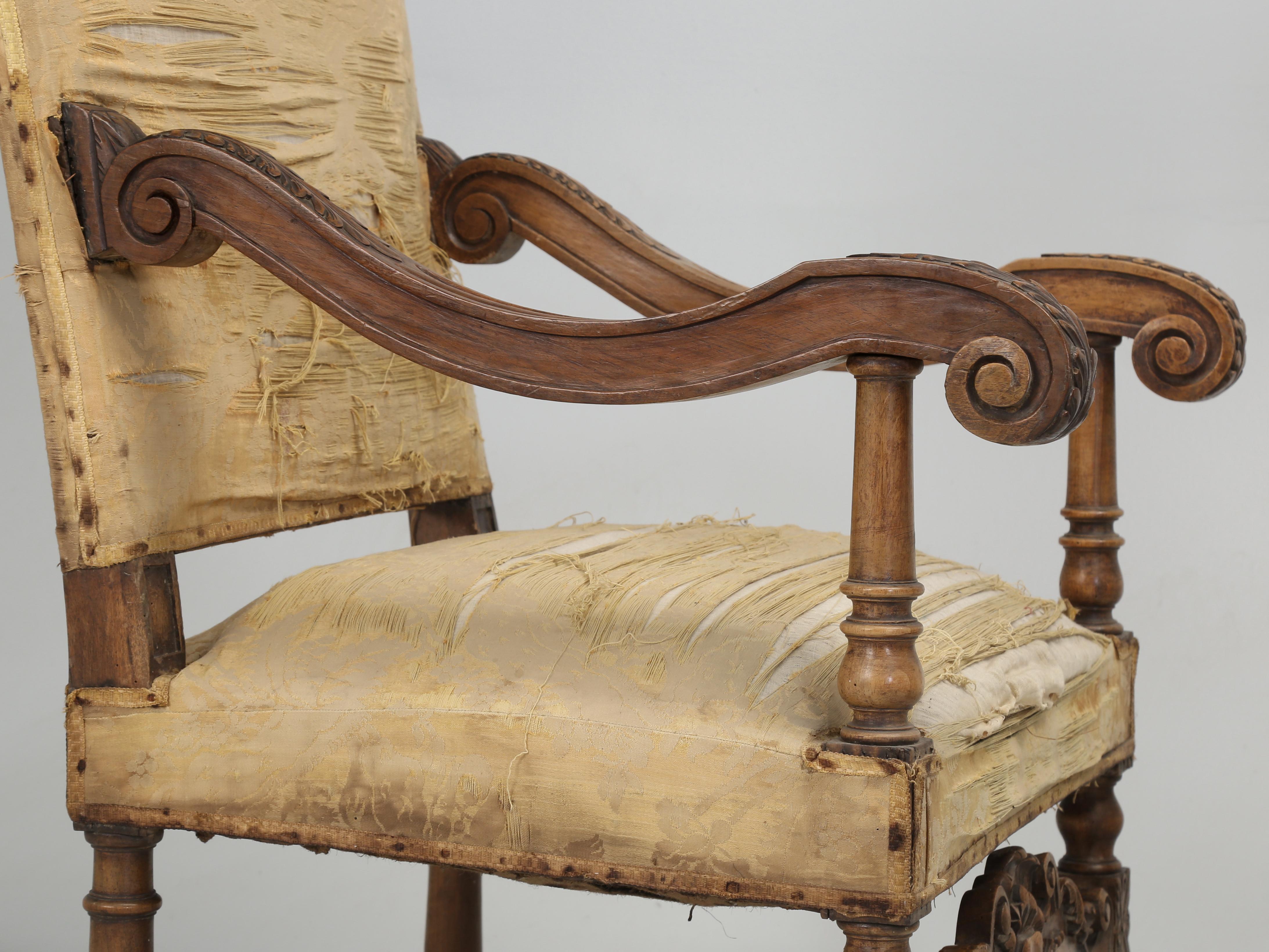 Antique Pair of Italian Armchairs Hand Carved Walnut Require Restoration, C1880s For Sale 3