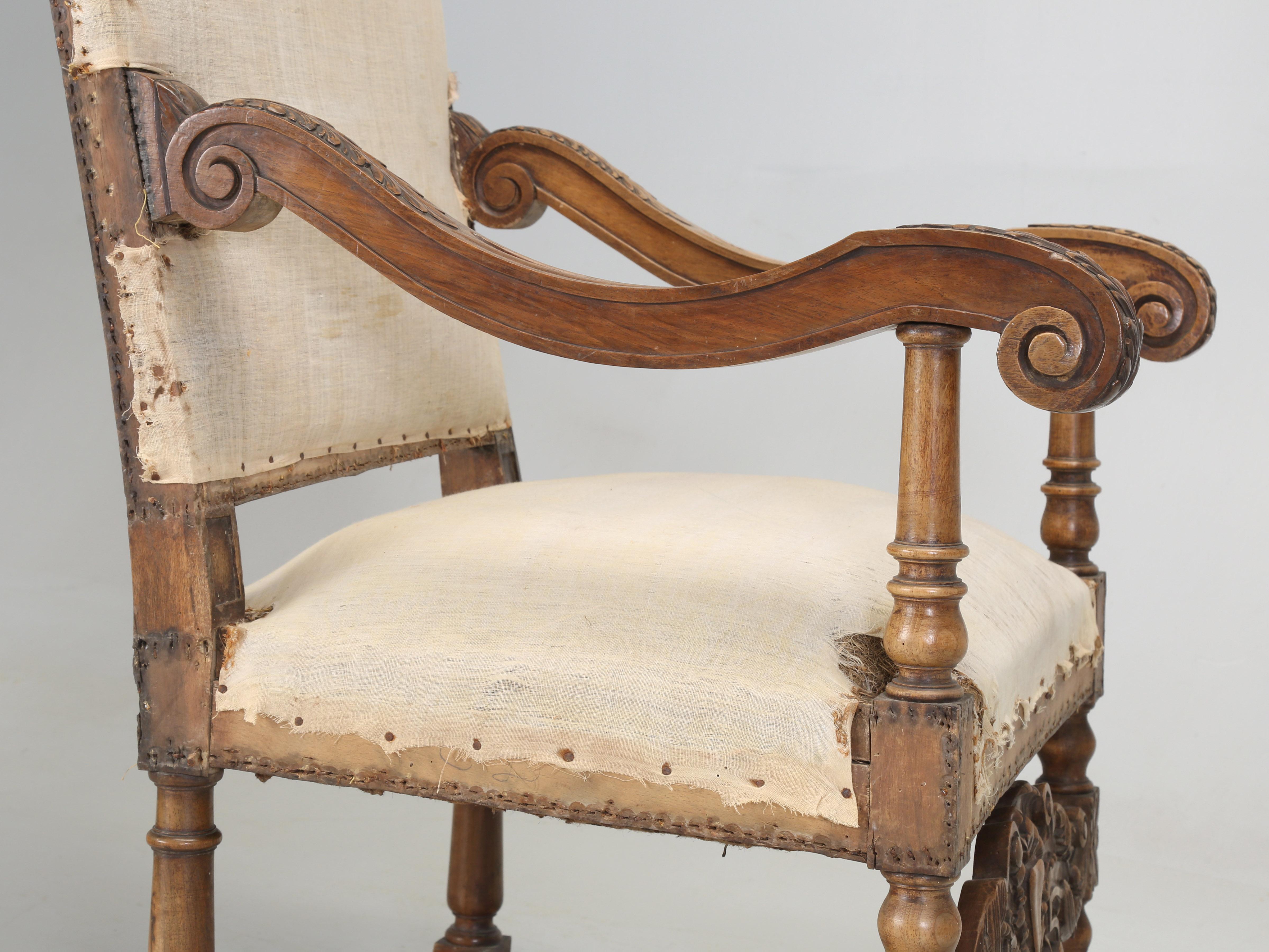 Antique Pair of Italian Armchairs Hand Carved Walnut Require Restoration, C1880s For Sale 3