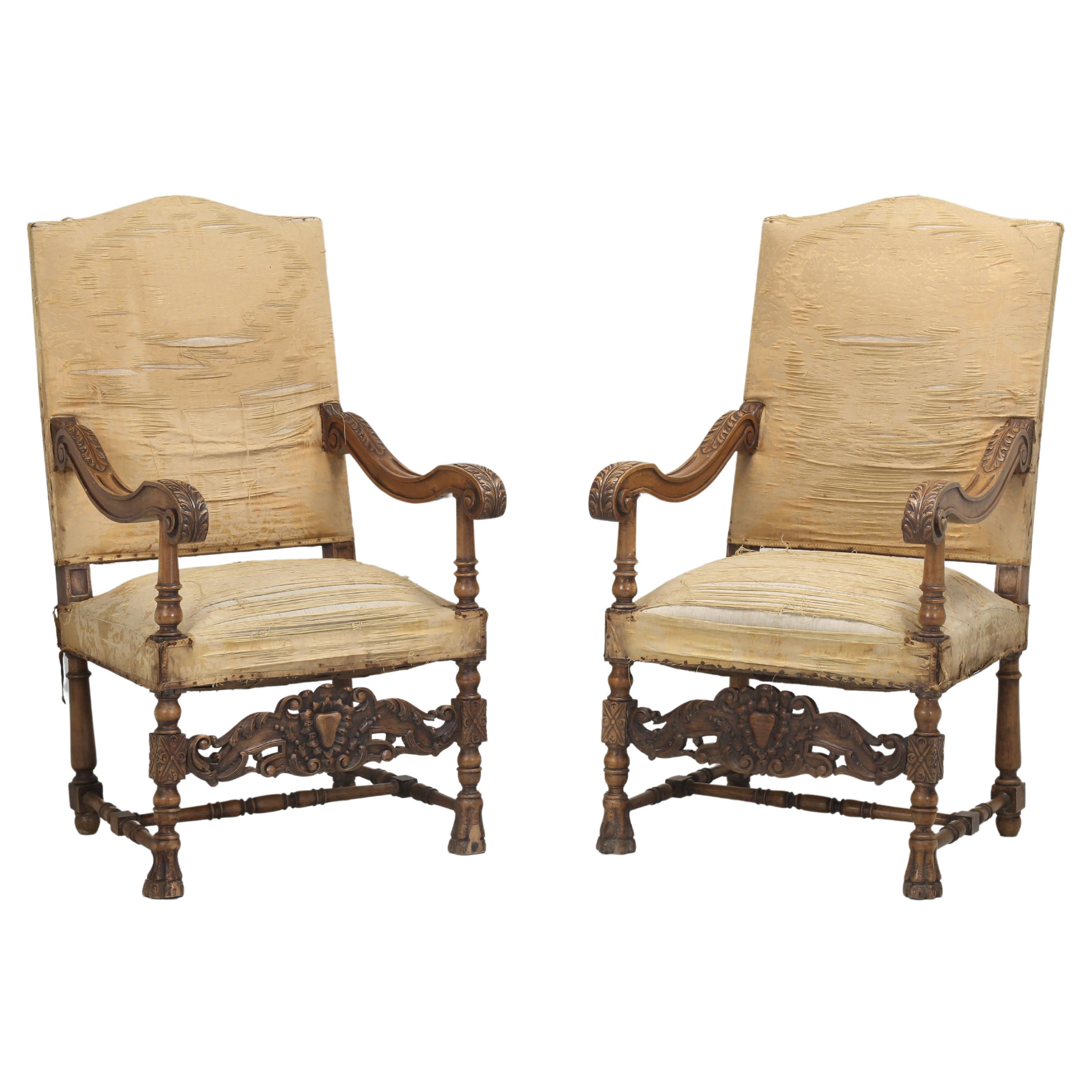 Antique Pair of Italian Armchairs Hand Carved Walnut Require Restoration C1880s For Sale